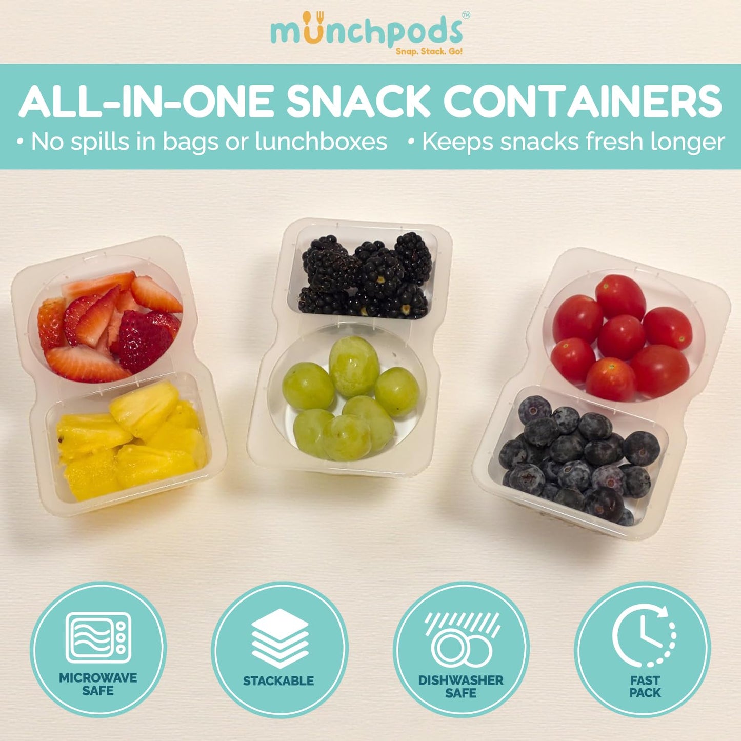 Munchpods Reusable Snack Containers with Lids 20 Pack (40 Pieces) Portion control, Snack Pack Containers 2 Double Compartment Snack Containers for Kids On the Go Meals, Camping Snack Tray Prep
