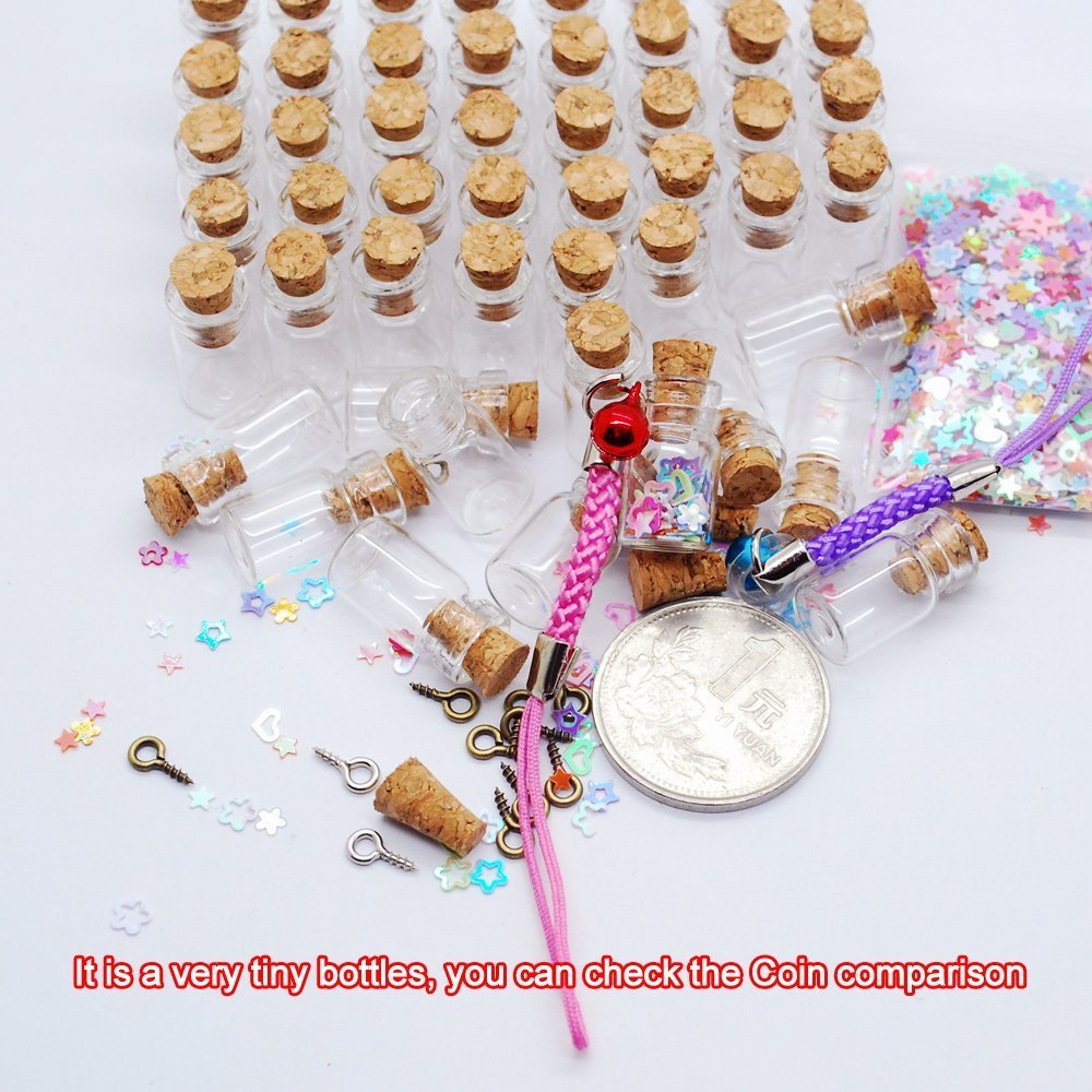 CTKcom 50pcs 0.5ml-extra Mini Tiny Clear Glass Jars Bottles with 50pcs Cork Stoppers and 50pcs Eye Screws, Glass Bottles for Decoration, Arts & Crafts, Projects, Party Favors