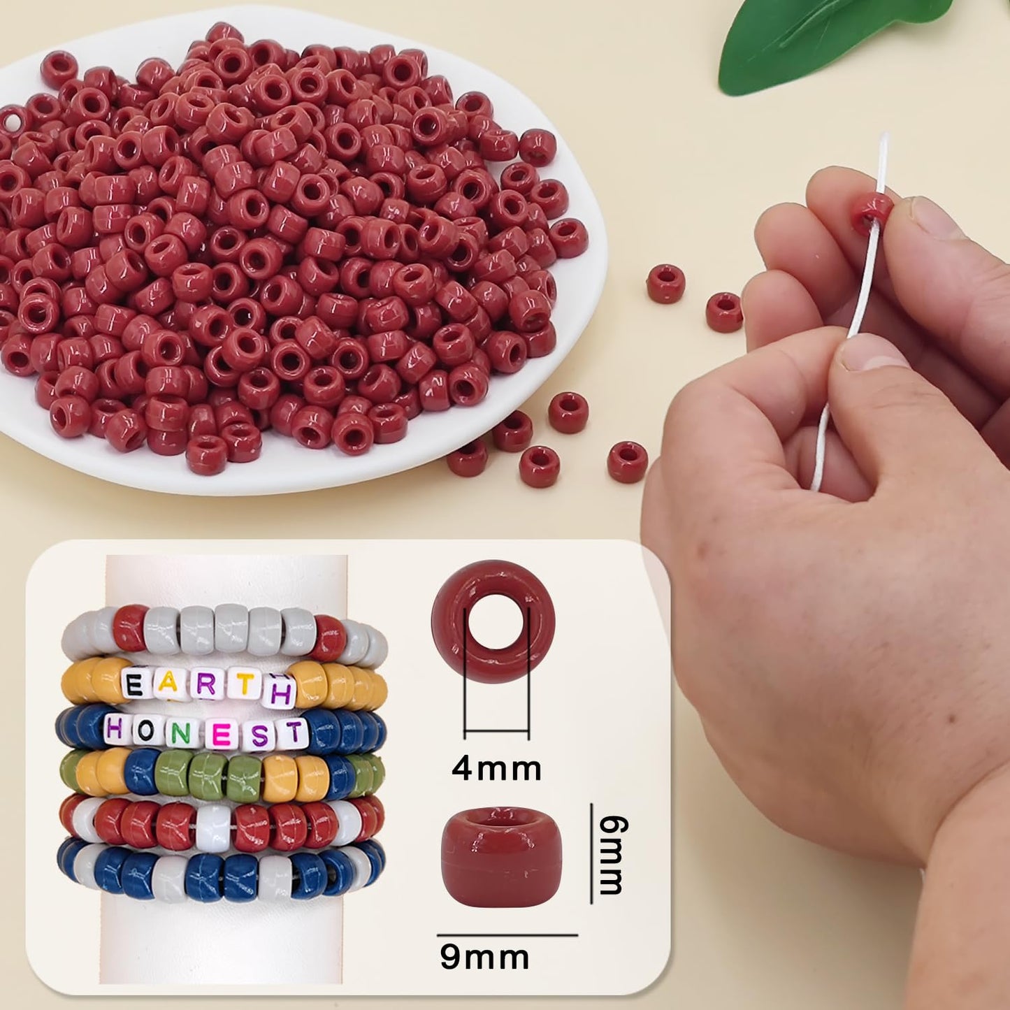 MIIIM 1200PCS 6x9mm Pony Beads Bulk, Brick Red Pony Beads for Bracelets Making Kit, Kandi Beads, Hair Beads for Braids, Craft Beads for Jewelry Making (Brick Red)