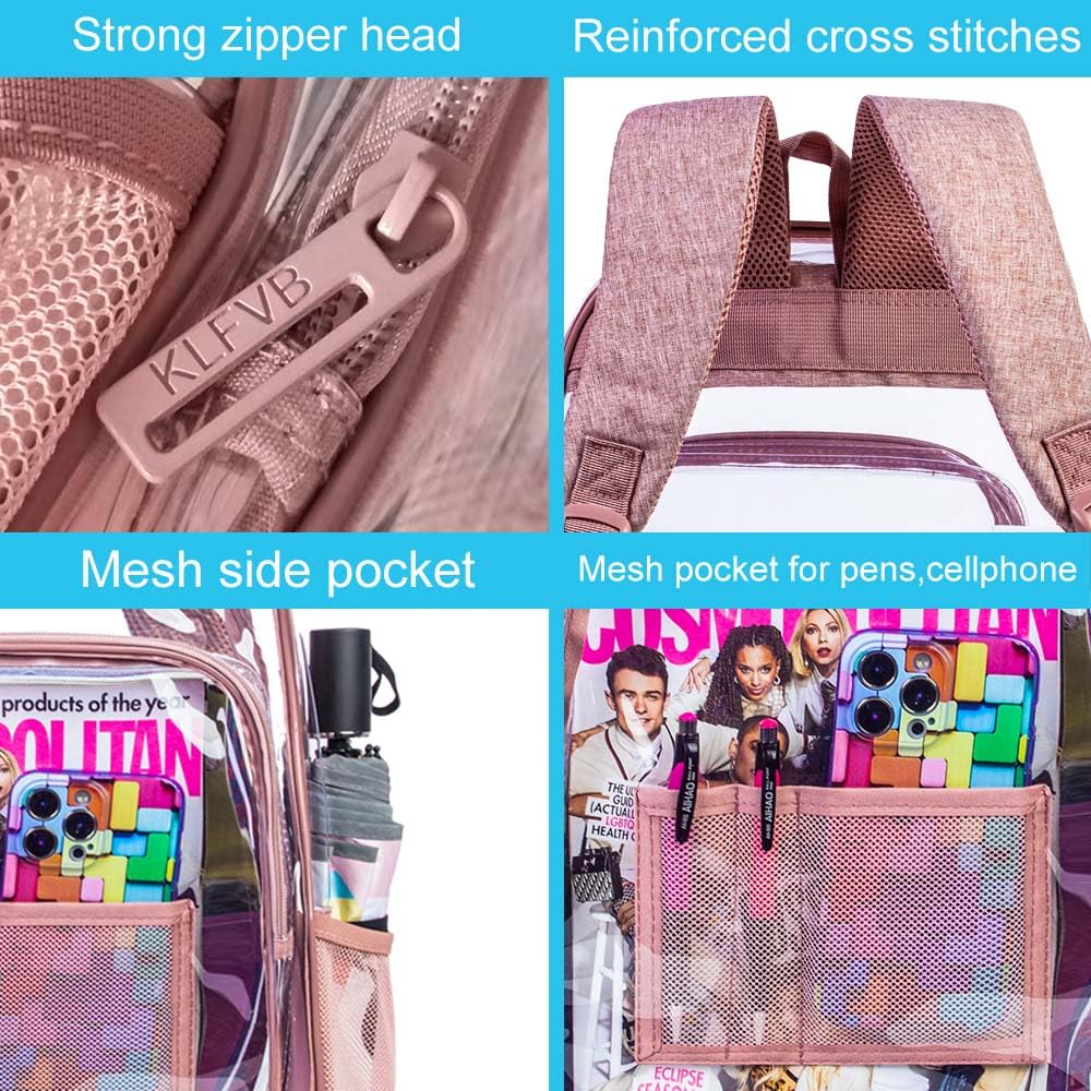 AGSDON Clear Backpack, Heavy Duty Transparent Bookbag, See Through PVC Backpacks for Women - Pink