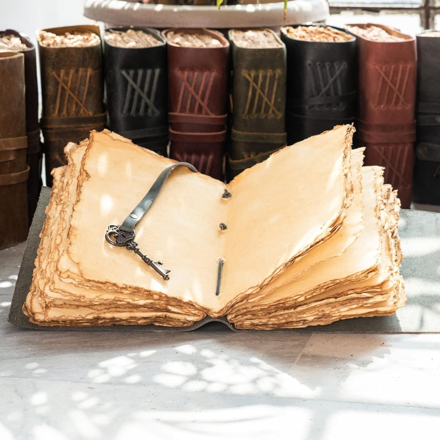 LEATHER VILLAGE Vintage Leather Journal – 200 Handmade Vintage Deckle Edge Paper – Leather bound Journal For Women Men – Vintage Key Closure - Book of Shadows - Blue - 6X4 inches (A6)