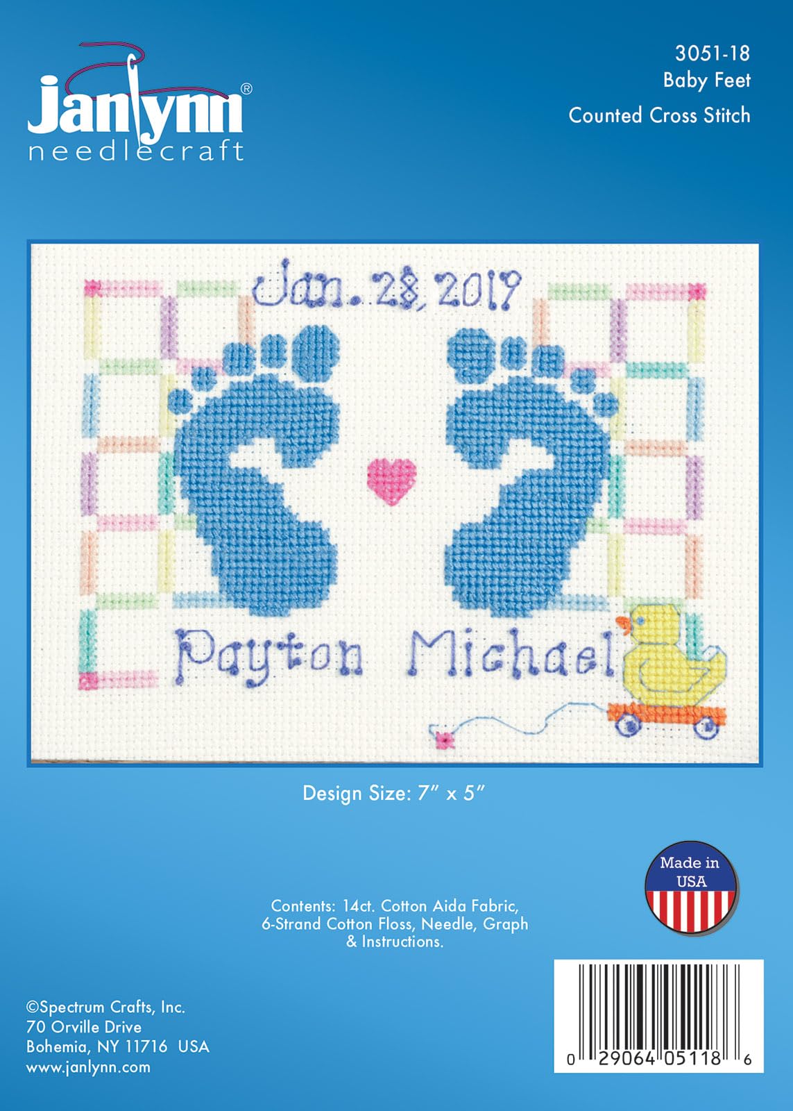 Counted Cross Stitch Kit, Baby Feet Birth Announcement Blue, By the yard