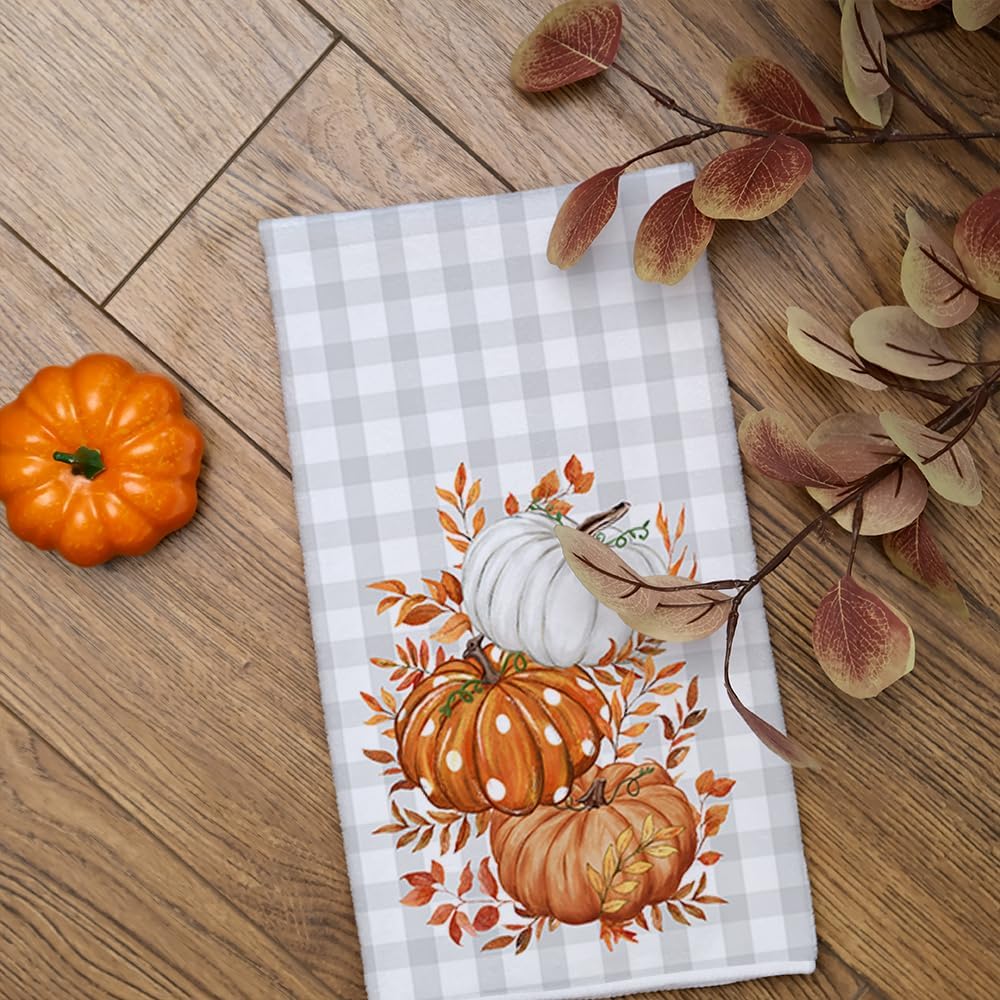 Fall Kitchen Towels Set of 2,Orange Pumpkin Grey Buffalo Check Autumn Dish Towels 18x26 Inch Drying Dishcloth,Farmhouse Home Decoration AD118