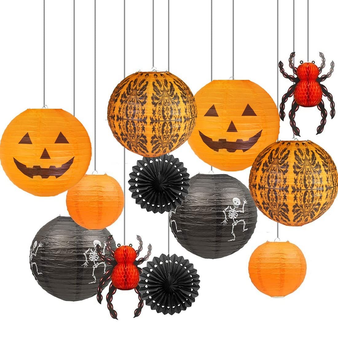 UNIQOOO 12Pcs Halloween Hanging Decorations Paper Lanterns, Jack-O'-Lantern Spider Skeleton Pumpkin for Indoor & Outdoor Spooky Home Decor, Party Supplies Props, 12" & 8" (Orange, Black)