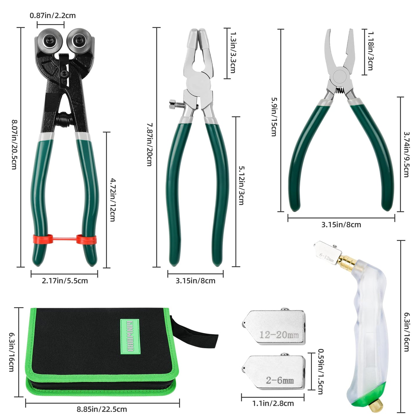 10Pcs Heavy Duty Glass Cutters Tools Kit, Wheeled Glass Tile Nippers Glass Running Breaking Pliers, Breaker Grozer Pliers with Curved Jaws, for Stained Glass, Mosaics, Fusing, Breaking