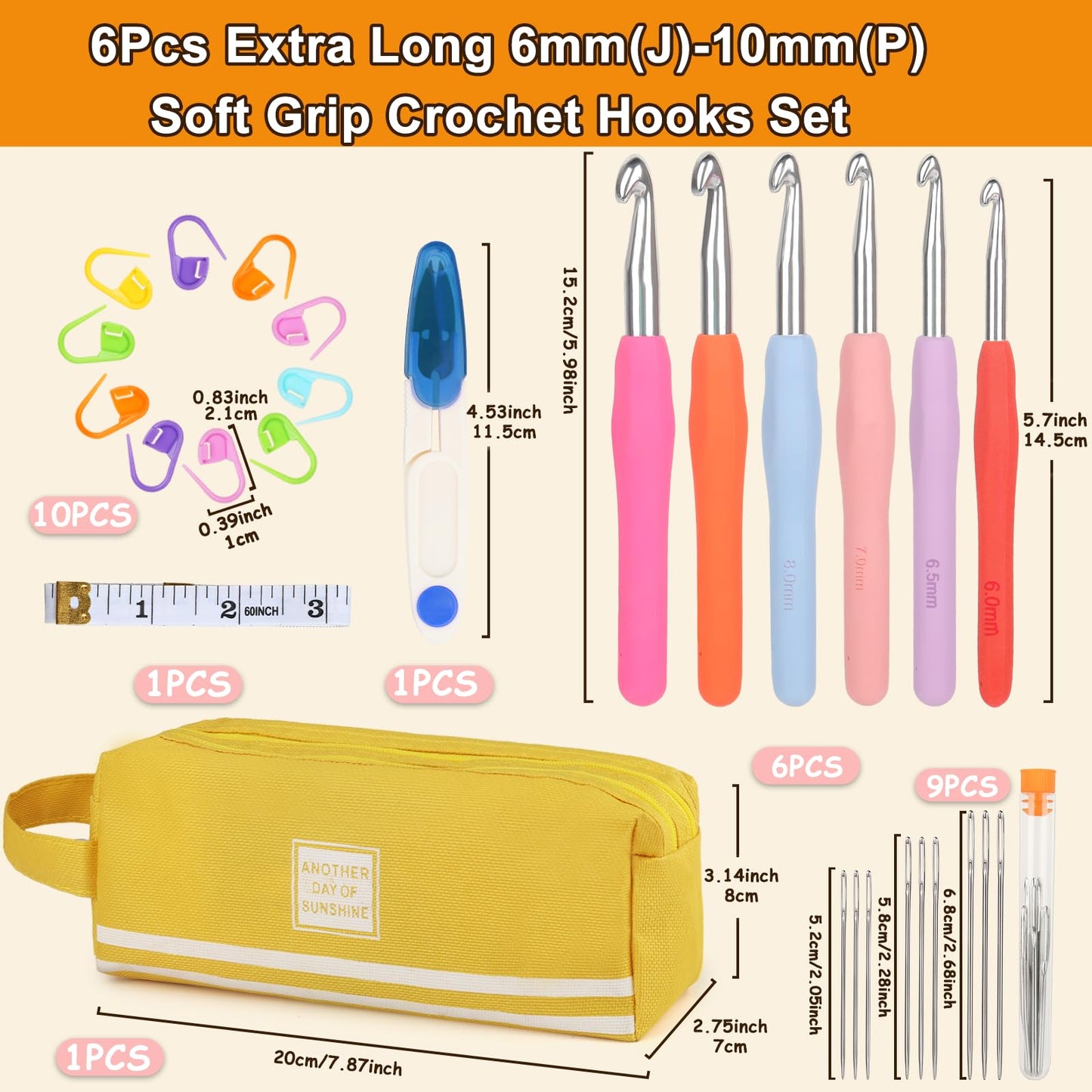 Aeelike 29pcs Big Size Crochet Hooks Set with Ergonomic Soft Handles for Thick Bulky Yarn,6.0mm - 10.0 mm Crochet Needls and Knitting & Crochet Supplies for Crochet Beginner Lover Crocheter