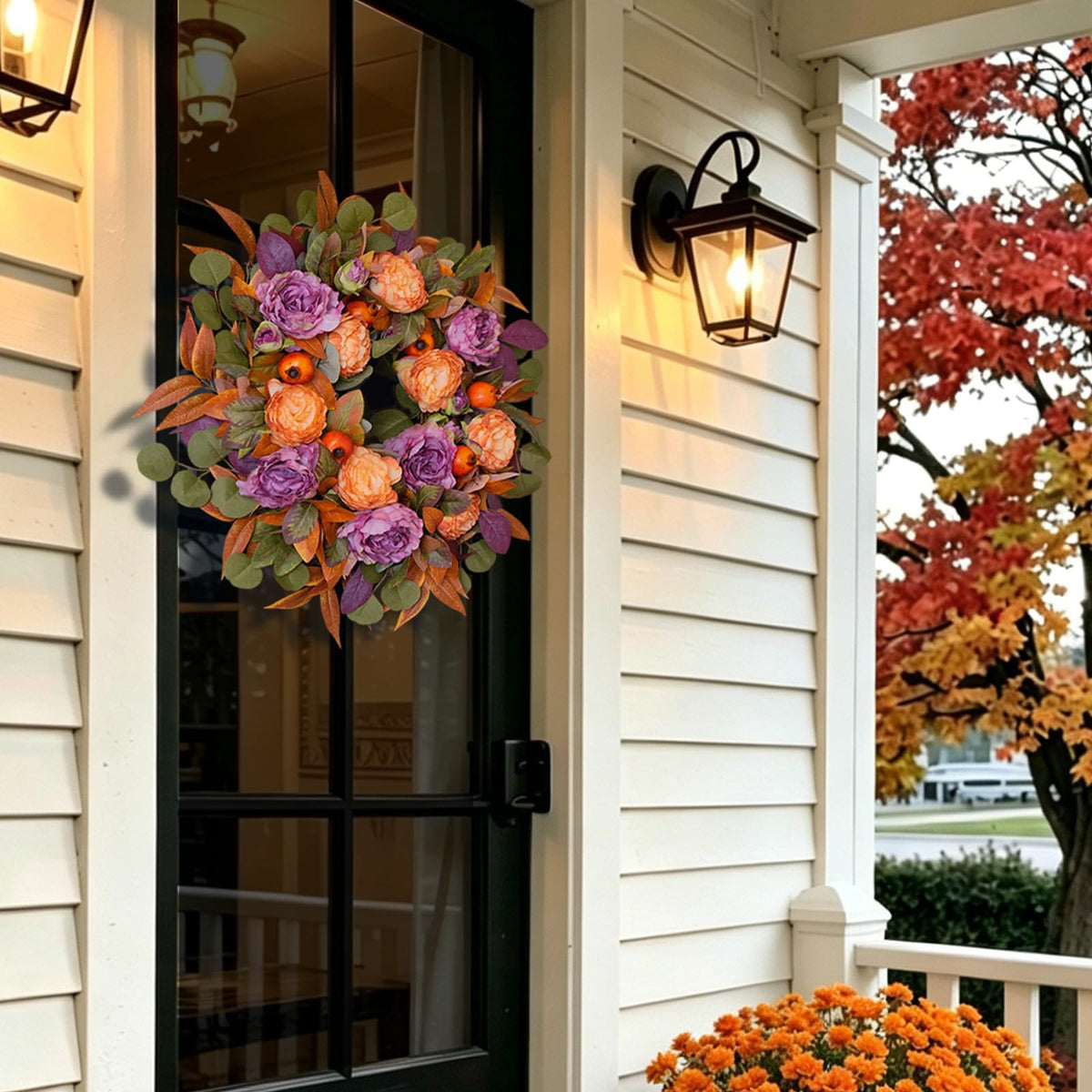 24 Inch Harvest Fall Wreath for Front Door Outside with Orange Purple Peony