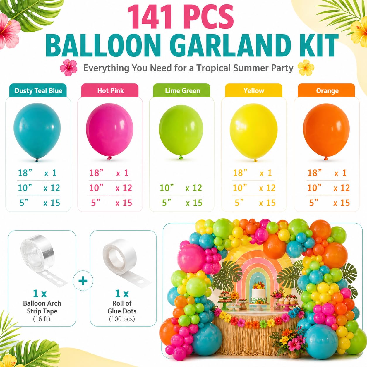 141 Pcs Rainbow Neon Balloon Arch Kit, Hot Pink Lime Green Orange Slate Blue Yellow Latex Hawaii Summer Tropical Balloon Garland for Hawaiian Luau Aloha Birthday Baby Shower Pool Party Decorations
