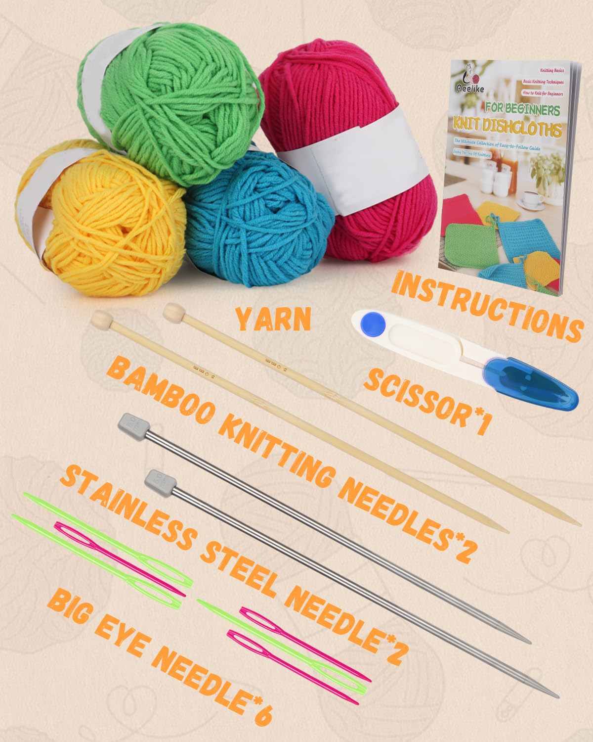 Knitting Kit for Beginners, Complete Beginner Knitting Kit Easy Knitting Set Including Knitting Needles Set Cotton Yarn, Learn to Knit Dishcloth with Step-by-Step Instructions, Colorful
