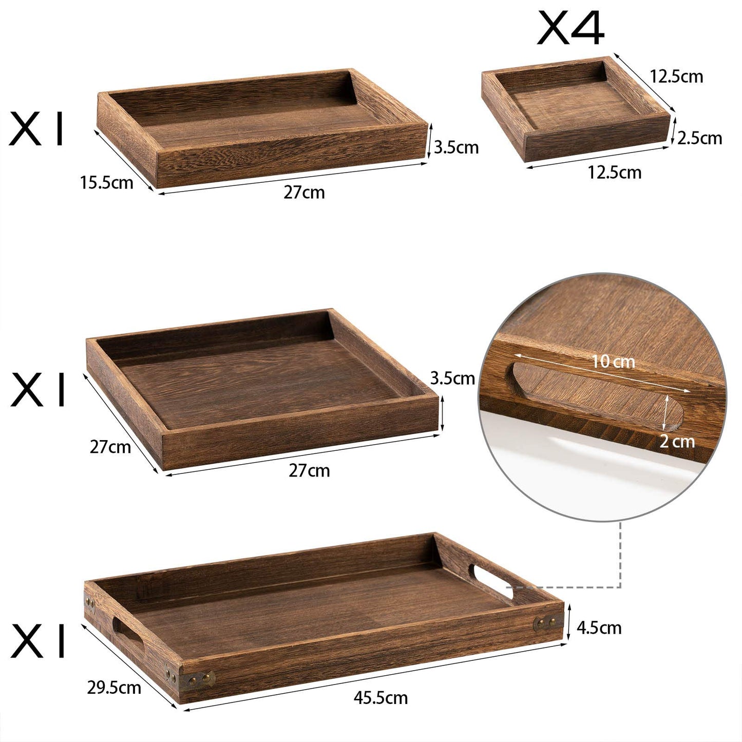 Rustic Wooden Serving Trays with Handle - Set of 7 Rectangular Platters for Entertaining, Breakfast, Coffee Table, Home Decor