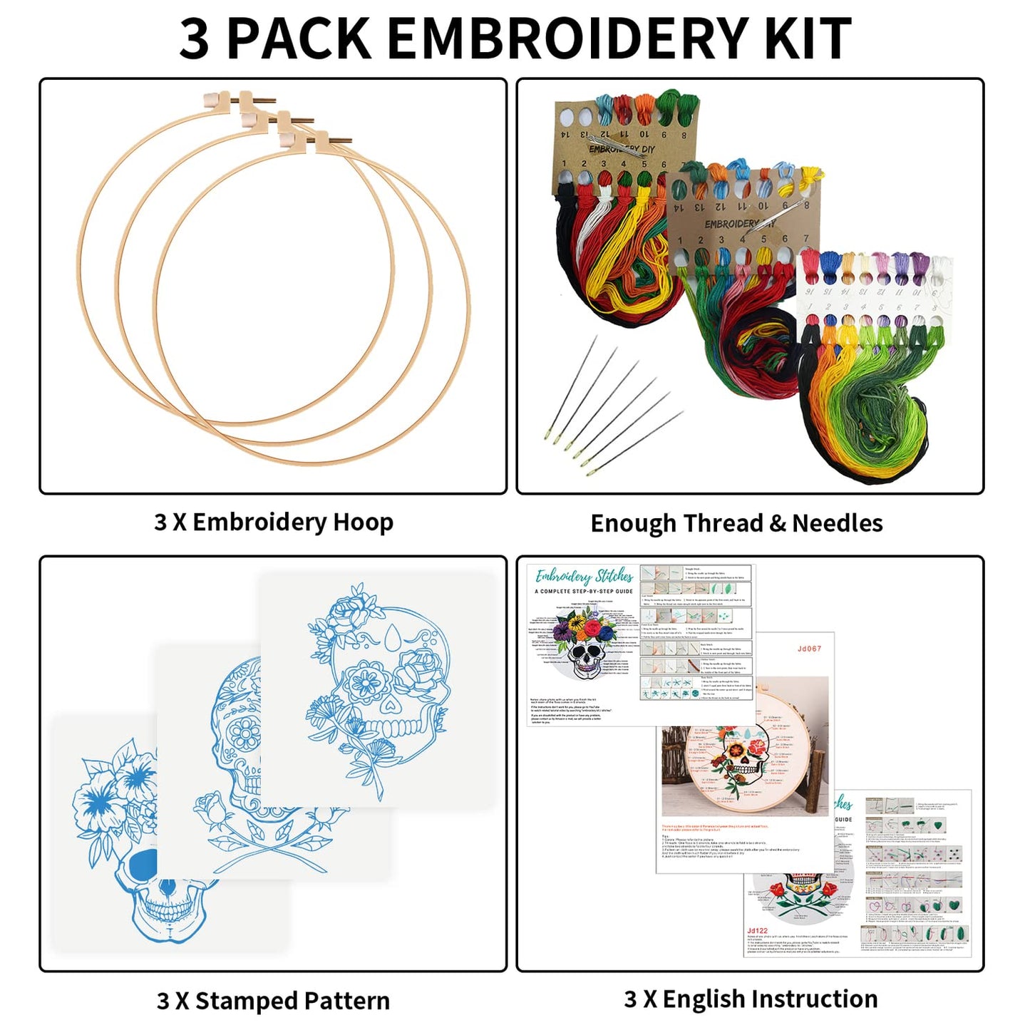 Nuberlic 3 Pack Halloween Skull Embroidery Kit for Adults Beginner Cross Stitch Kits for Starters with Skull Patterns Include 3 Hoop Cloth Thread Needles and Instructions