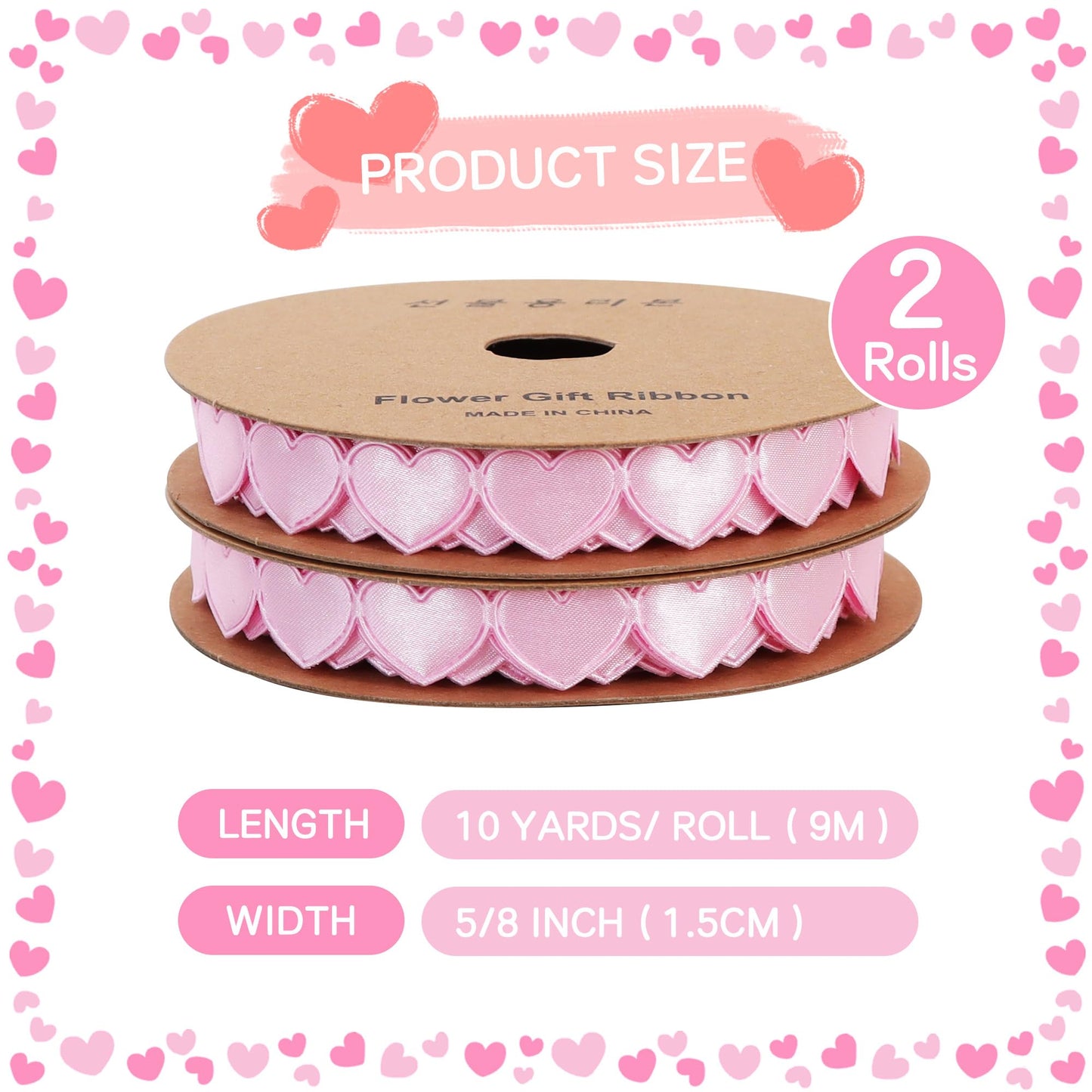 2 Rolls Pink Heart Ribbon, 5/8 Inch Love Ribbon for Valentine's Day, Birthday, Christmas, Wedding Party Decoration, DIY Craft, Gift Wrapping, Wreath Decor, Hanging Ornament(10Yard/Roll)