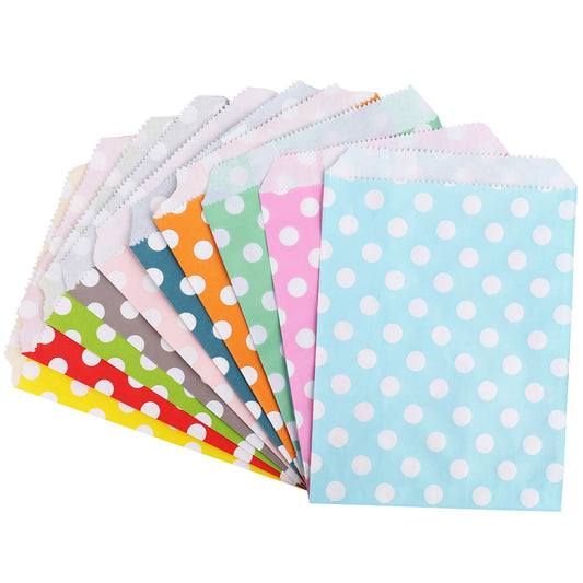 Foraineam 250 Pack 10 Colors Paper Treat Bags Polka Dot Candy Cookie Buffet Bag Food Safe Favor Bags Small Paper Goody Bags for Birthday Holiday Party Favor Supplies