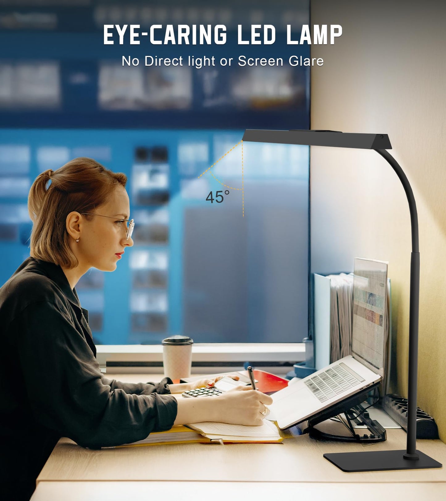 Kaulsoue Desk Lamp for Home Office with Base, Eye-Caring Desk Light with Adjustable Gooseneck, 12W USB Adapter Touch Control 5 Dimmable Brightness & Color Tall Lamp for Work, Computer, Study, Task
