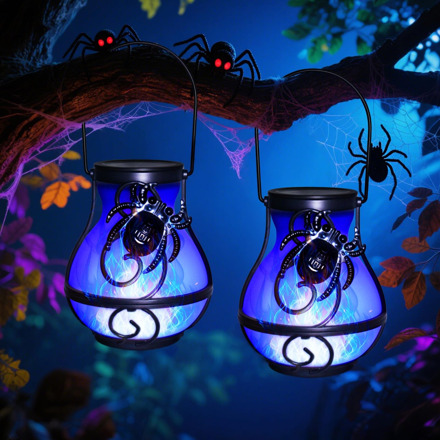 2 Pack Halloween Lights Outdoor Spider Hanging Solar Lantern Flickering Flame Lights Garden Patio Porch Halloween Party Decoration