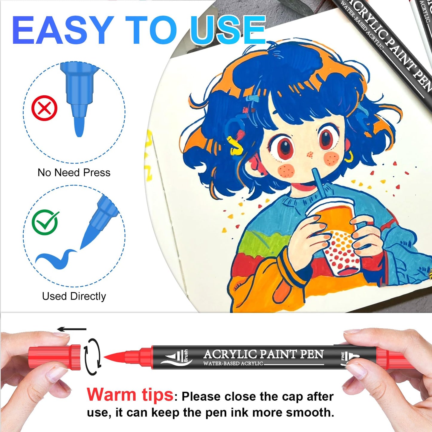 Acrylic Paint Pens, 50 Colors Dual Tip Markers with Fine and Brush Tip, Premium Marking Pens Set for Rock, Wood, Plastic, Fabric Painting and DIY Crafts