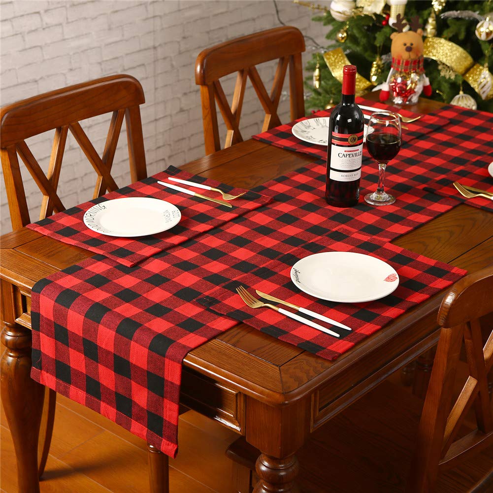 Christmas Buffalo Plaid Placemats Set of 4, Polyester & Burlap Reversible Red and Black Buffalo Check Place Mats Christmas Dining Table Decorations,12”x17”