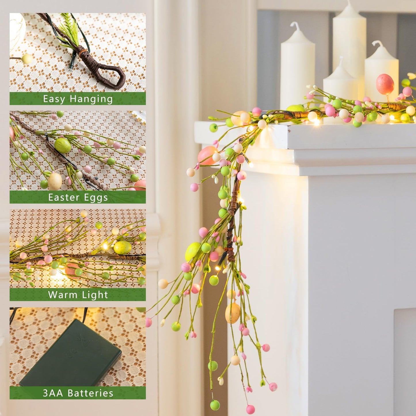 6.6 FT Lighted Easter Garland with Egg and Mixed Berry, Artificial Spring Garlands with Timer, Easter Decorations Pre-lit with 18 LED Lights, Pastel Garland for Mantle Doorway