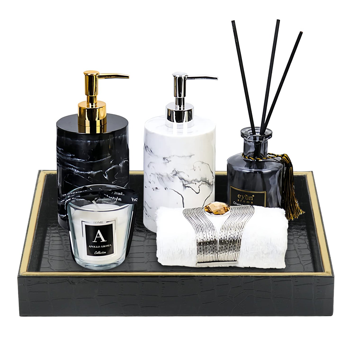 HofferRuffer Faux Leather Vanity Tray, Elegant Desktop Storage Organizer, Decorative Catchall Perfume Tray, Bathroom Valet Tray, Nightstand or Dresser Organizer (Black Croco)