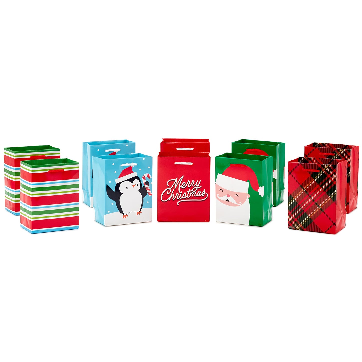Image Arts 5" Small Christmas Gift Bag Bundle (10 Bags: Santa, Plaid, Stripes, Penguin) for Kids, Coworkers, Gift Cards, Party Favors