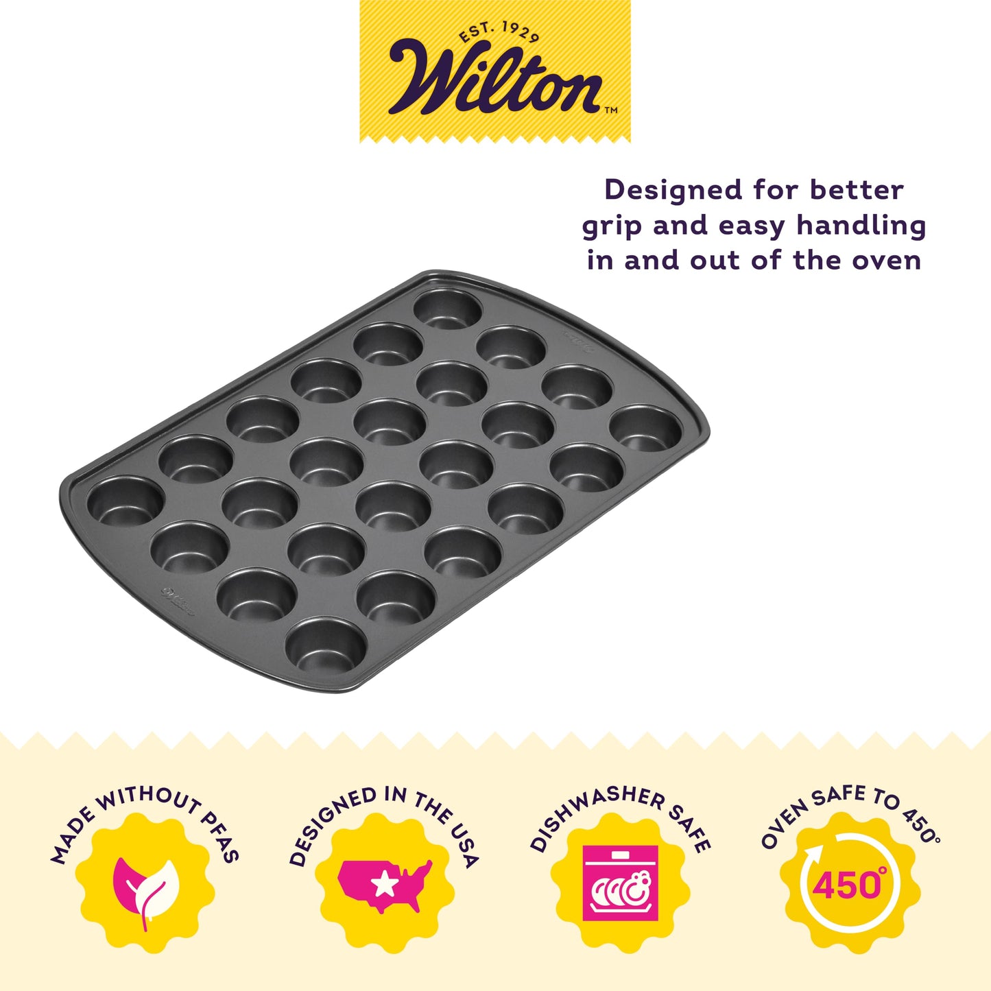 Wilton Gold Non-Stick Bakeware Mini Muffin Pan - Baking Pan for Mini Cupcakes & Muffins - Made Without PFAS - Even Heat Distribution & Scratch Resistant - 16 x 10 x 1 Inch, 24 Cups