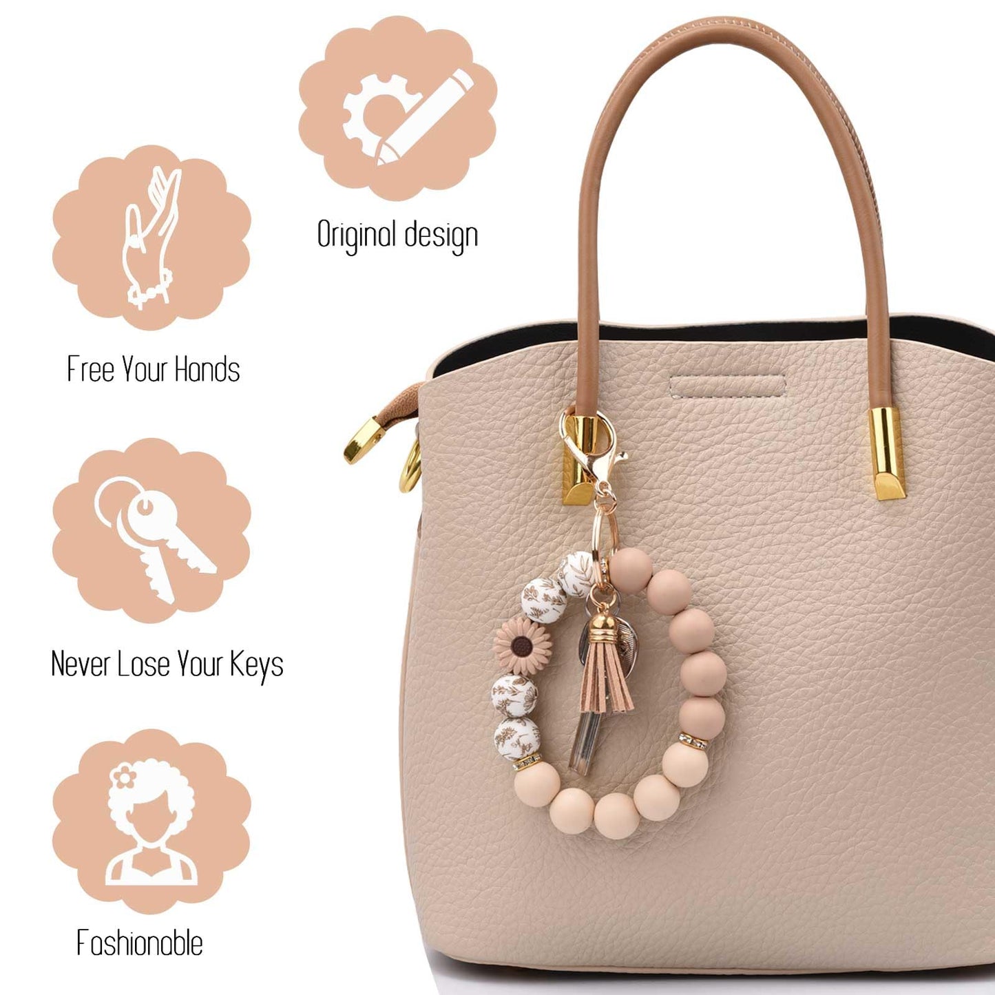 BAOSIWA Silicone Beaded Keychain Wristlet Key Ring Bracelet Cute Daisy Khaki Car Key Chain Holder for Women Girls