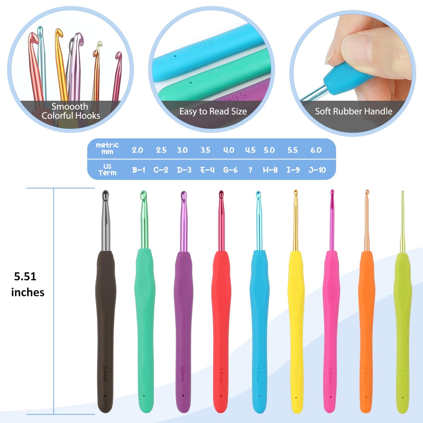 Crochet Kit for Beginners with Yarn and Introduction Book, Crochet Starter Kit Everything for Ages 8-12, Learn to Crochet Kit with Ergonomic Soft Grip Crochet Hooks and Blue Flower Bag