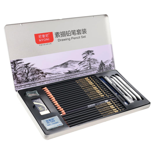 NYONI Sketching Pencils Set, Metal Box Packaging, Including Graphite Pencils、Charcoal Pencils、Blending Stumps and other tools for drawing (A set with 29pieces).