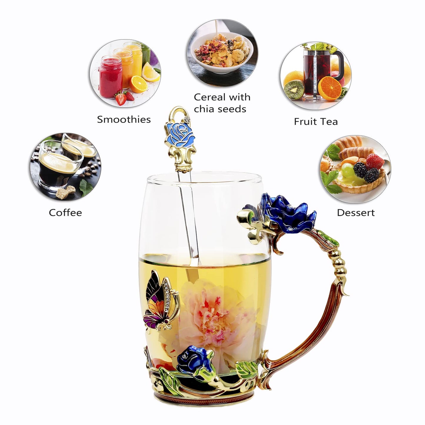 Tea Cup Glass Coffee Mugs,Fancy Tea Cup Set Birthday Christmas Valentine's Day Gift Idea for Tea Lover and Women Novelty Coffee Mugs Rose Flower Enamel Tea Cup Glass Mug with Spoon Set