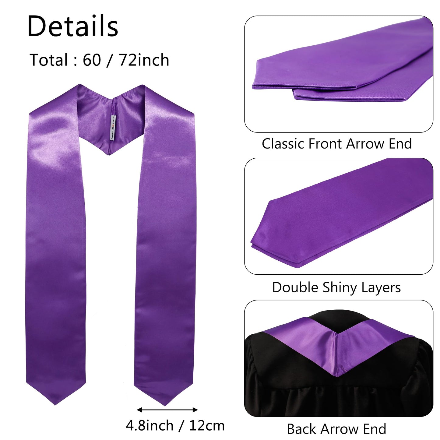 GraduationMall Unisex Adult Plain Graduation Stole 60" Purple