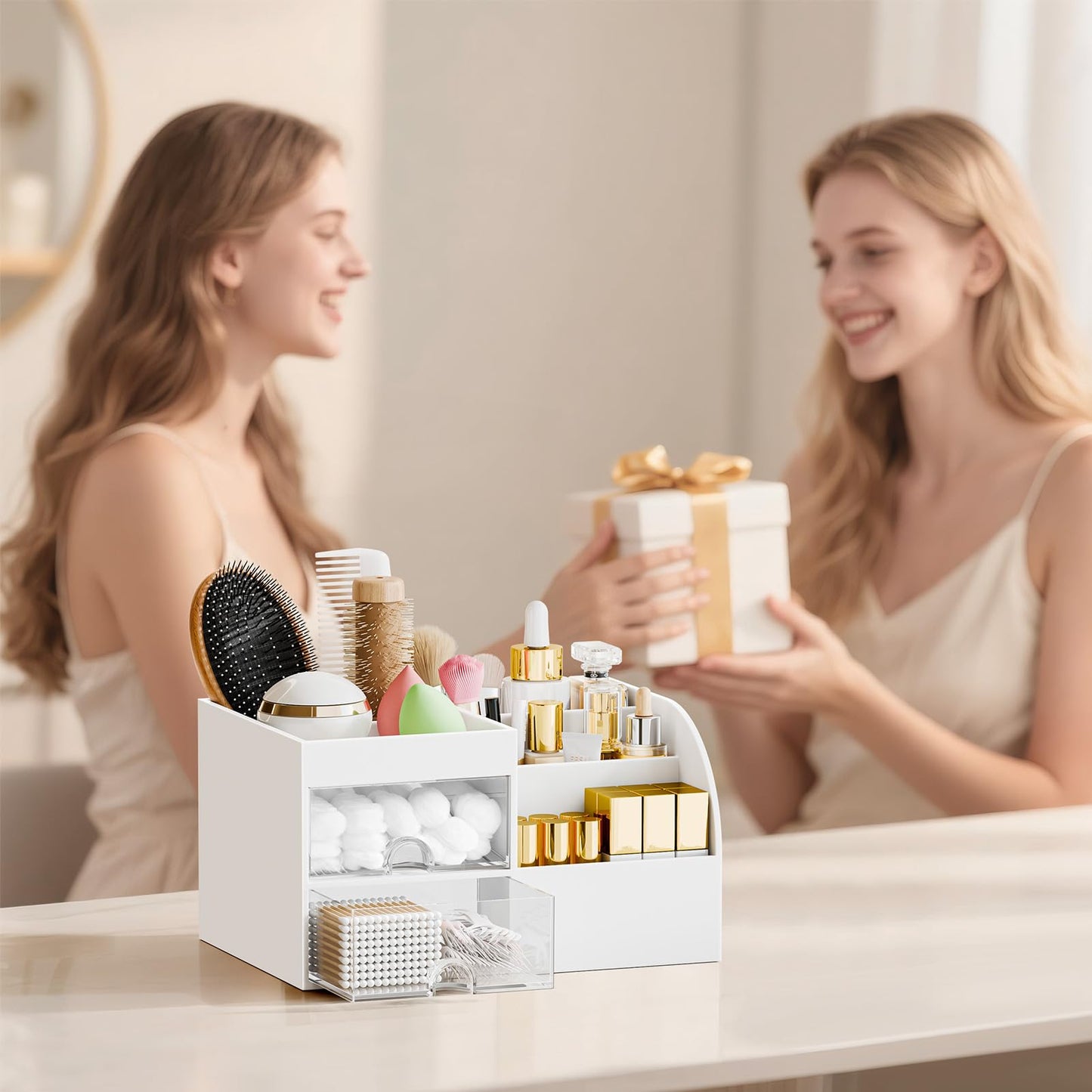 Makeup Organizer with 2 Drawers, Makeup Organizers Countertop for Vanity and Bathroom, Make up organization and Skincare Storage with Brush Holder, for Dresser, Desktop, Cosmetic Display Case (White)