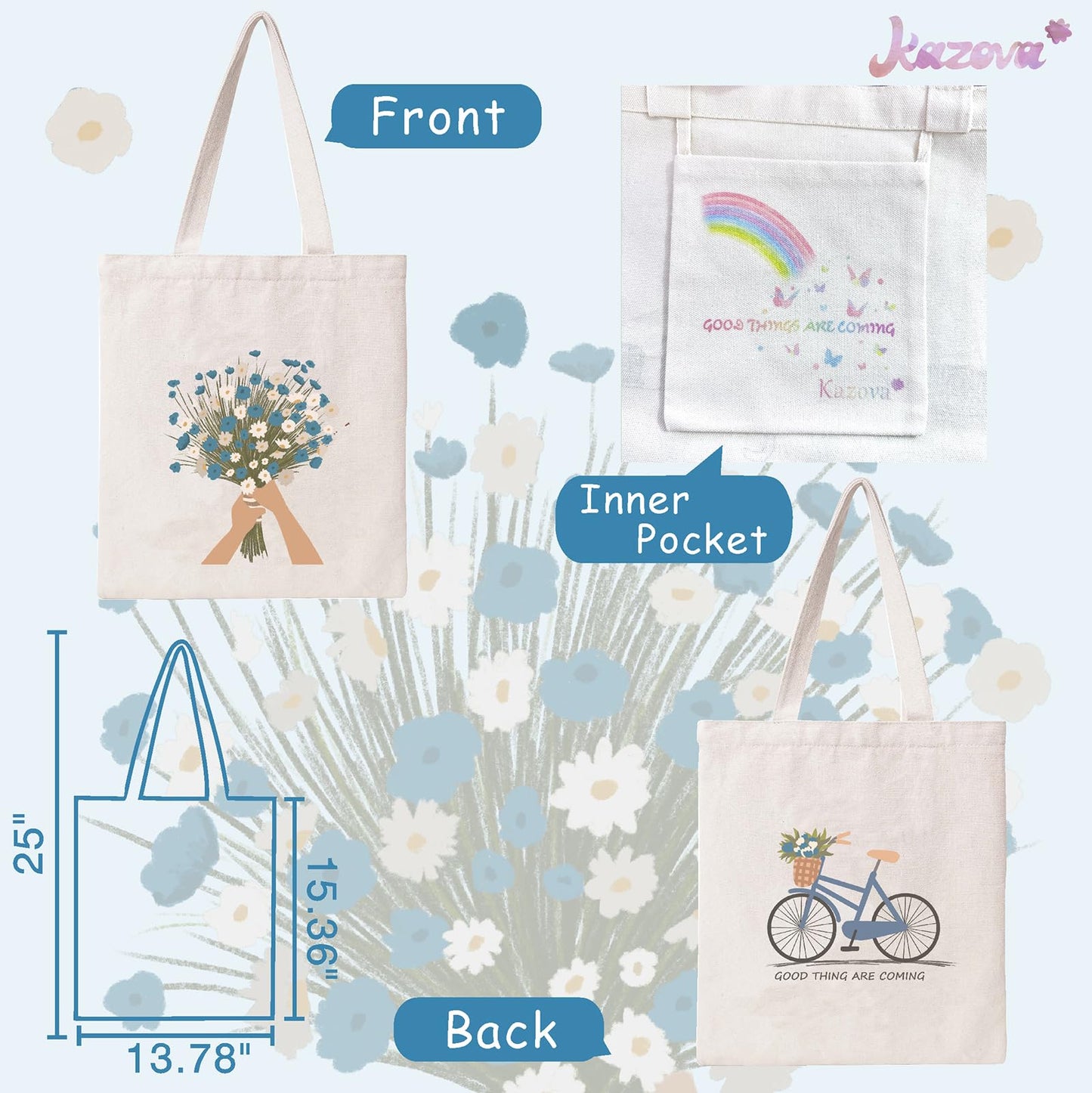Kazova Aesthetic Flowers Cotton Canvas Tote Bag Blue Bouquet Bicycle Cloth Tote Bag Cute Cotton Tote Bag Art Canvas Tote Bag Reusable Shopping Bag for Gift