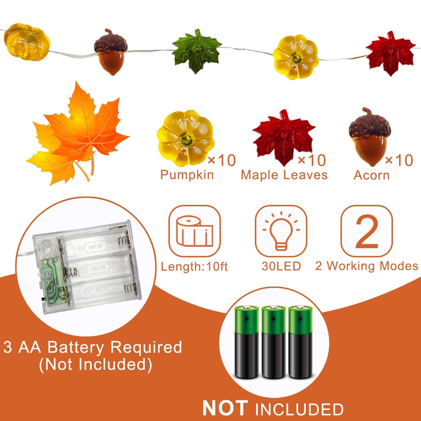 TURNMEON Fall Decor 30LED/10Ft 3D Pumpkin Lights Fall Thanksgiving Decorations, 3 in 1 Battery Powered Fall Lights Pumpkin Decor, Fall Garland Lights Indoor Outdoor Thanksgiving Halloween Decor Autumn