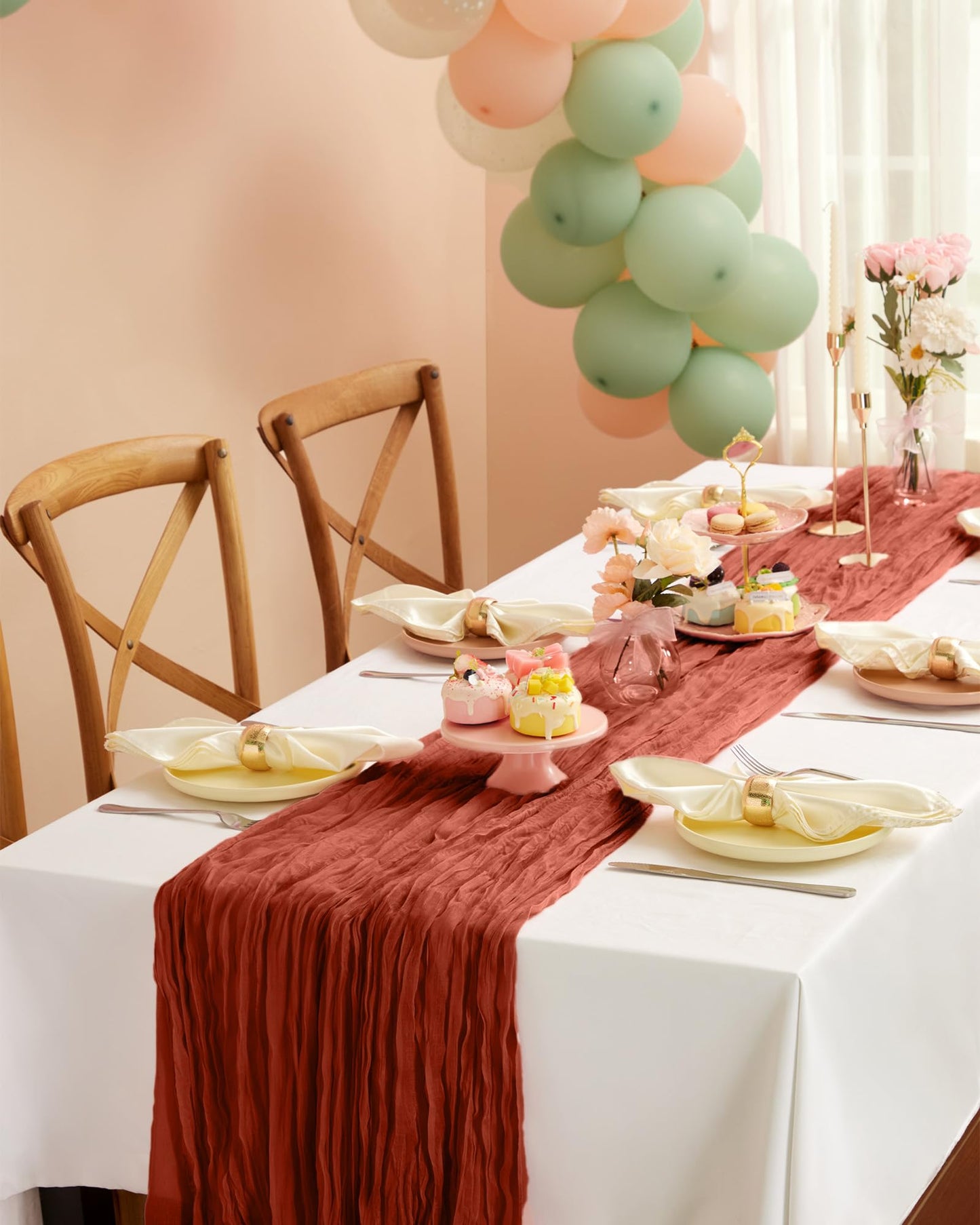 2-Pack Fall Thanksgiving Table Runner, 120'' Boho Table Cloth Decorations for Party, Baby Shower, Wedding and Farmhouse, Fabric Room Decor, Rust, Terracotta