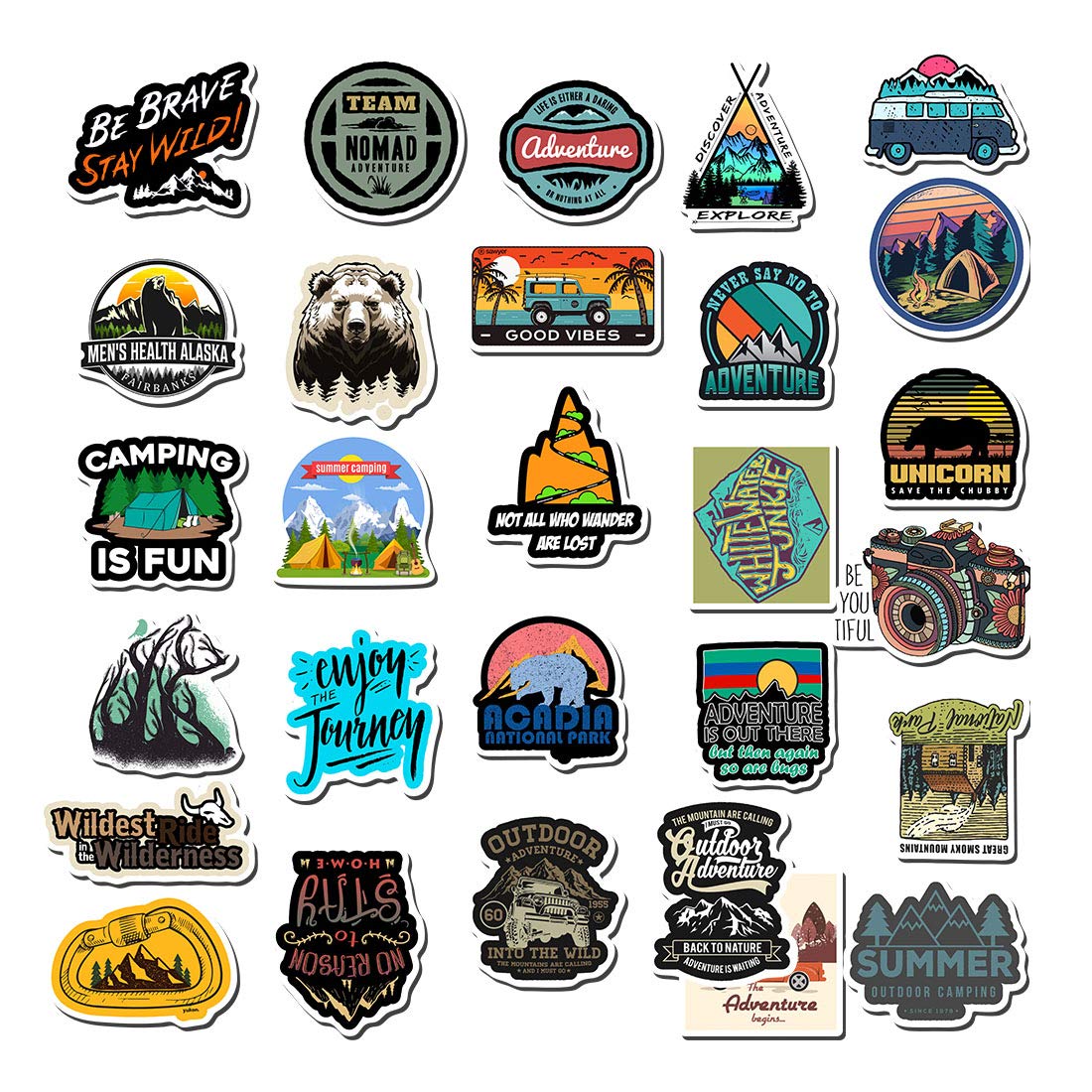 100pcs Outdoor Camping Hiking Adventure Stickers, Wilderness Nature Travel Camper Stickers for Water Bottle Laptop Luggage Cup, Waterproof Summer Camp Stickers Decals for Adults Teens Girls Boys Kids
