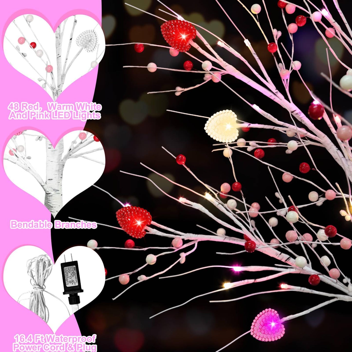 Valentines Day Decor, 4 FT Prelit Lighted Valentines Tree with 3D Hearts&Berries Ornaments 48 Led Red Pink Lights, Outdoor Waterproof Artificial Birches Tree for Valentines Day Decorations Indoor Home