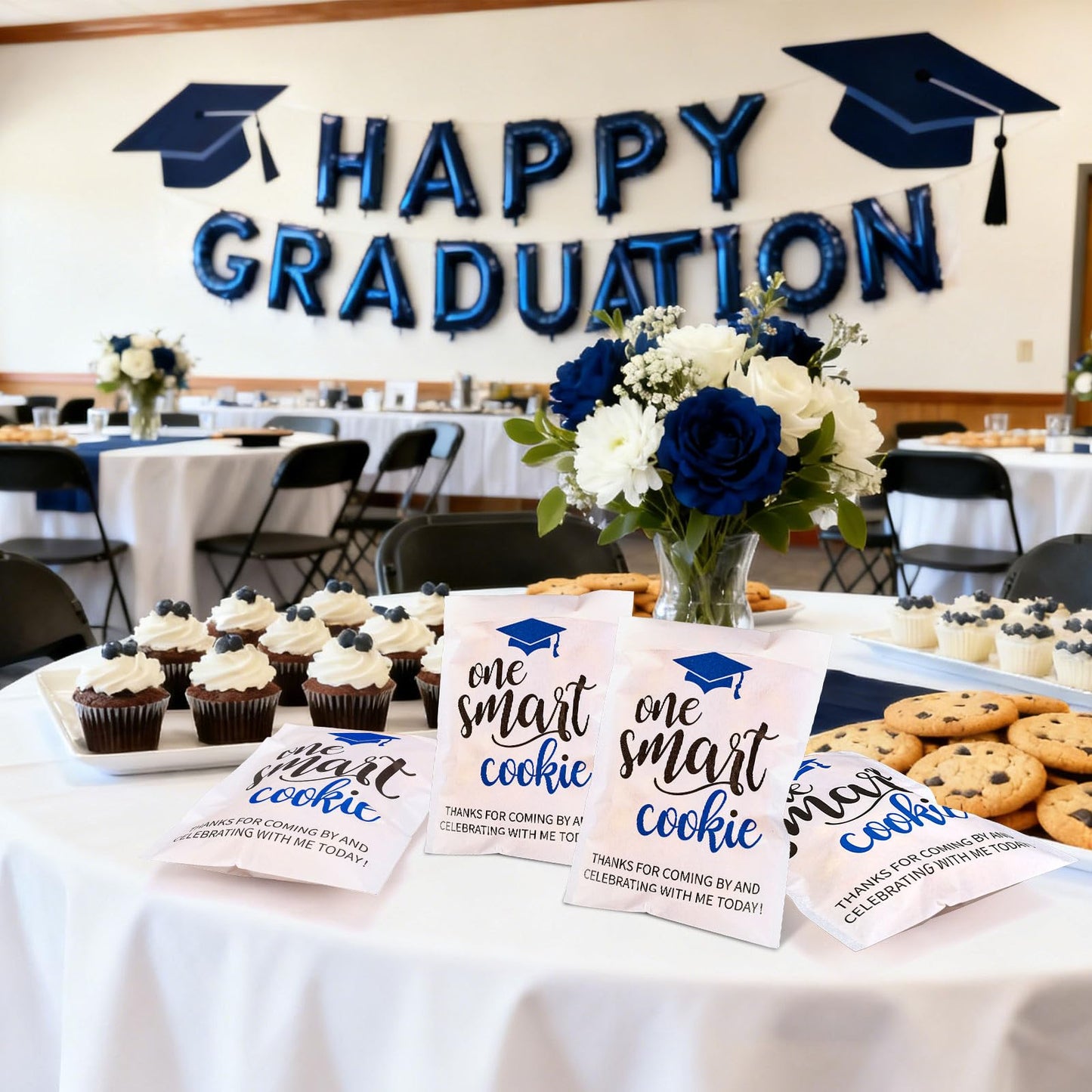 Whaline 100 Pcs 2026 Graduation Cookie Treat Bags White-Blue One Smart Cookie Self Adhesive Buffet Paper Bags for Congrats Grad School Party Supplies, 5.1 x 7.1 Inch