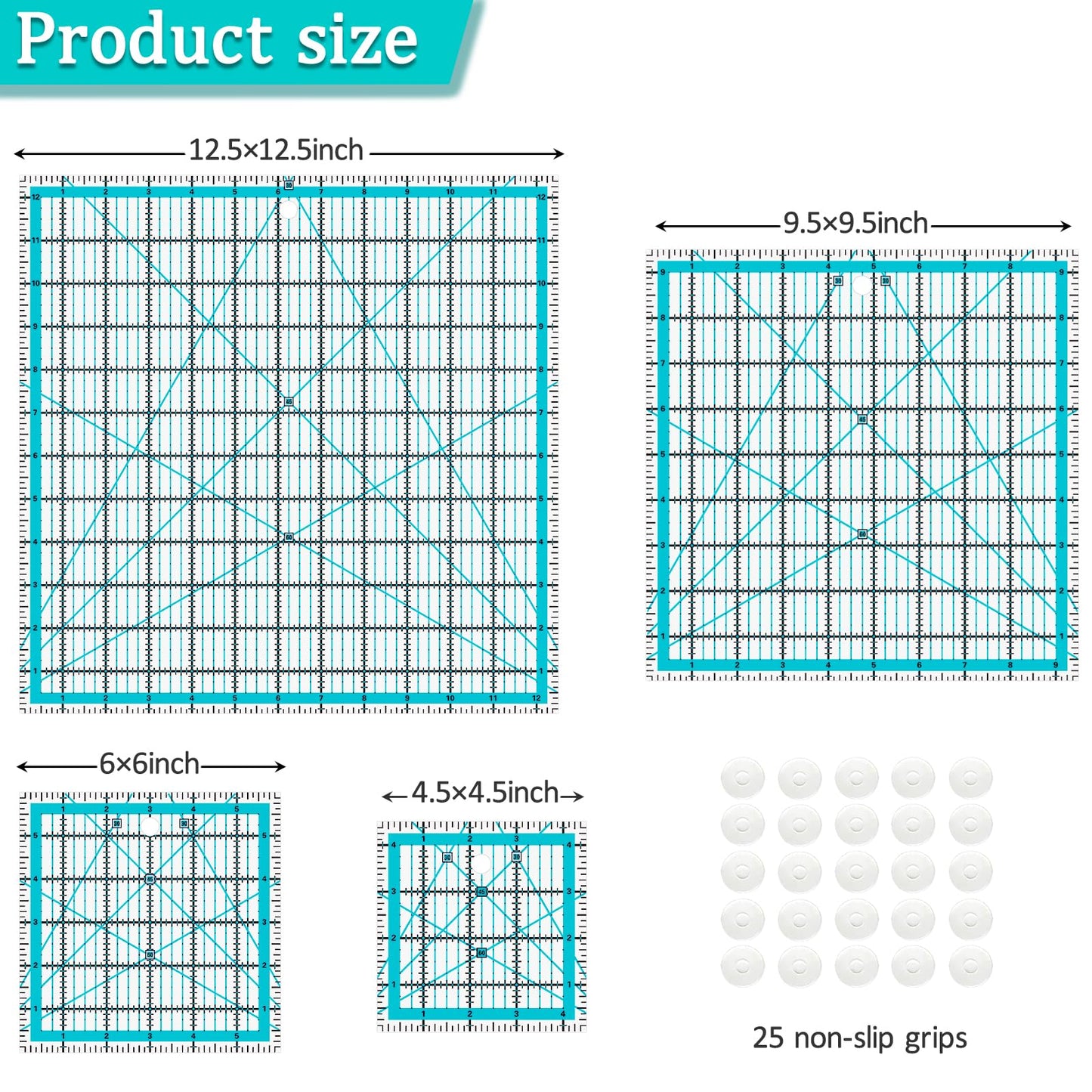 Quilting Rulers, Acrylic Quilt Ruler,4 Square Fabric Cutting Ruler (4.5"X4.5", 6"X6", 9.5"X9.5", 12.5"X12.5"), Quilting Templates with Non Slip Rings. (Blue)