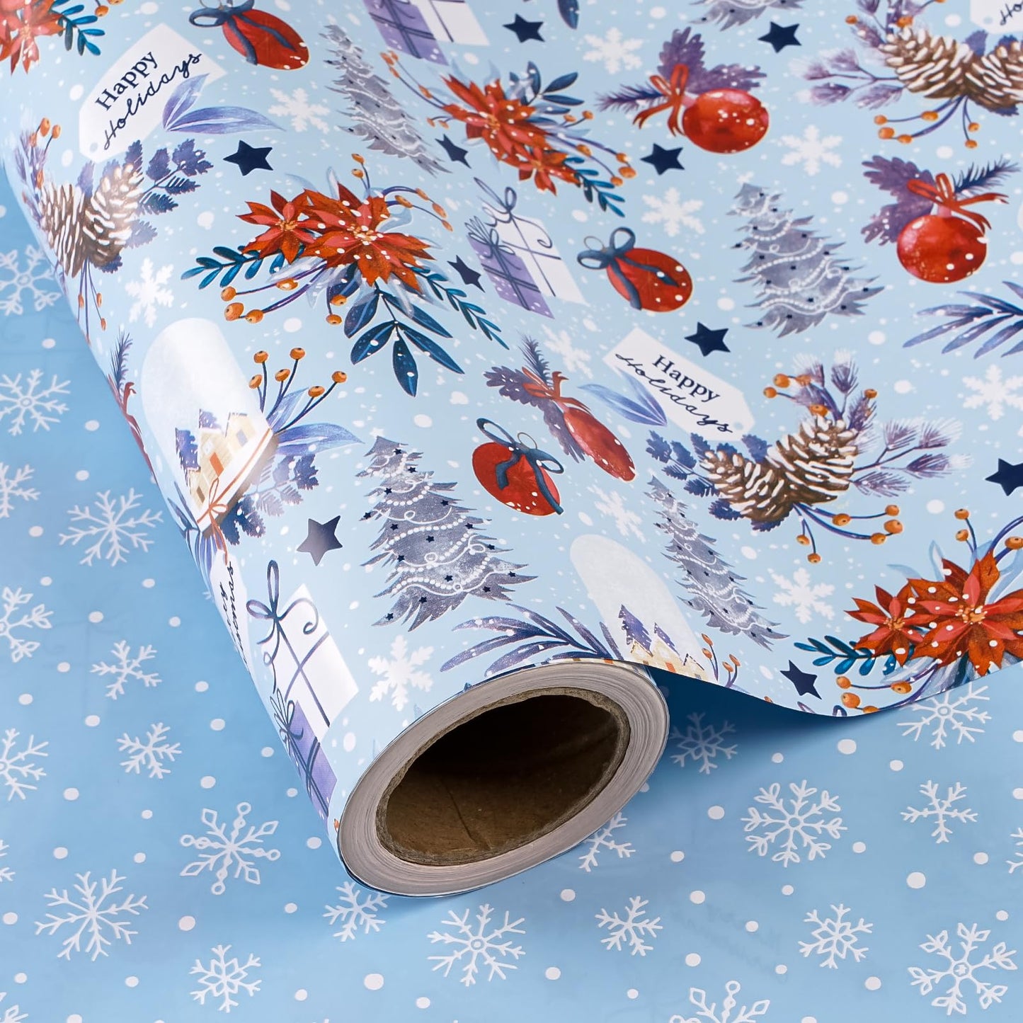 Reversible Christmas Wrapping Paper - Mini Roll - 17 Inch x 33 Feet - Red & Blue Snow Globe, Poinsettias and Snowflake Wrapping Paper for Xmas Holiday, Party Celebration