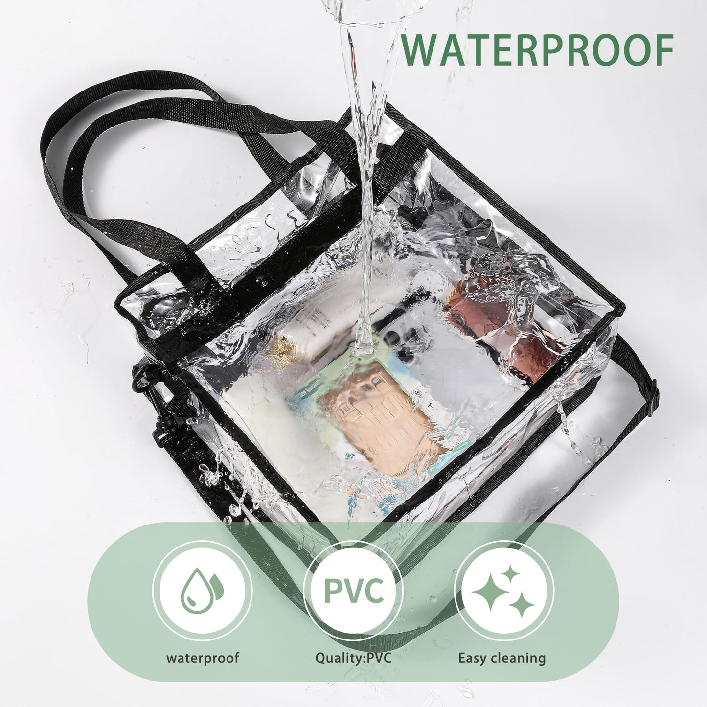 BAGAIL Clear bags Stadium Approved Clear Tote Bag with Zipper Closure Crossbody Messenger Shoulder Bag with Adjustable Strap(12 Inch X 12 Inch X 6 Inch,Black)