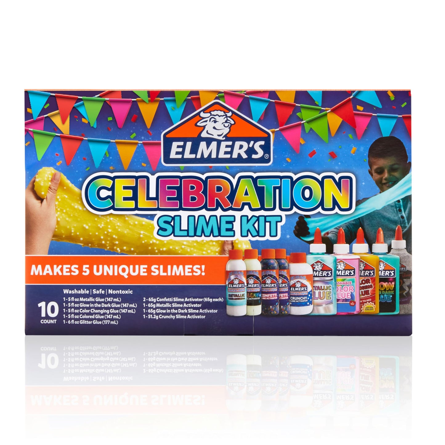 Elmer's Celebration Slime Kit, Complete Slime Supplies, Includes Assorted Magical Liquid Slime Activators and Liquid Glues, 10 Count - Kids Activity, Creative Fun, Arts & Crafts