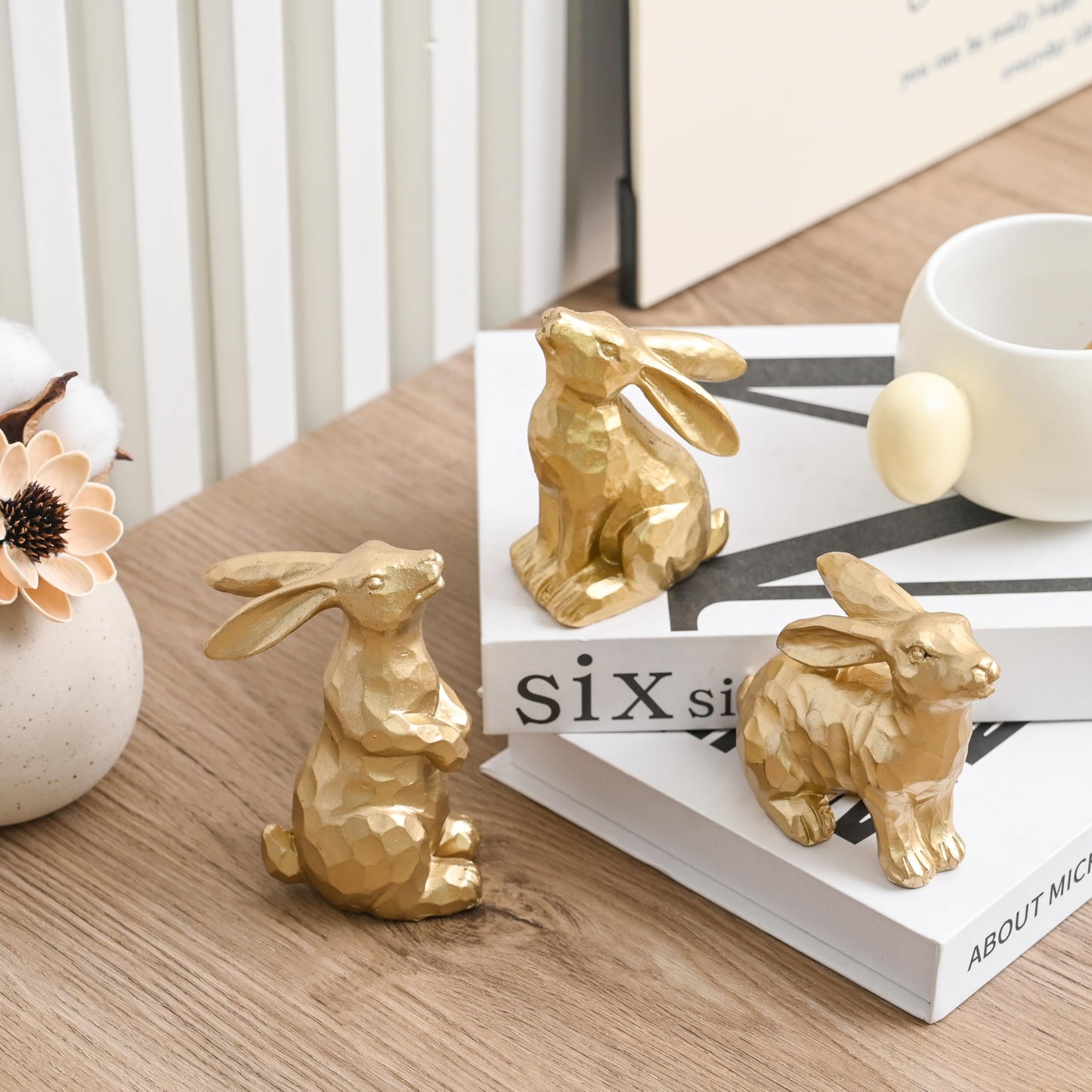 Resin Gold Bunny Decor Rabbit Figurines, Small Easter Bunny Figurine Set of 3, Easter Rabbit Statues for Spring Tabletop Decor