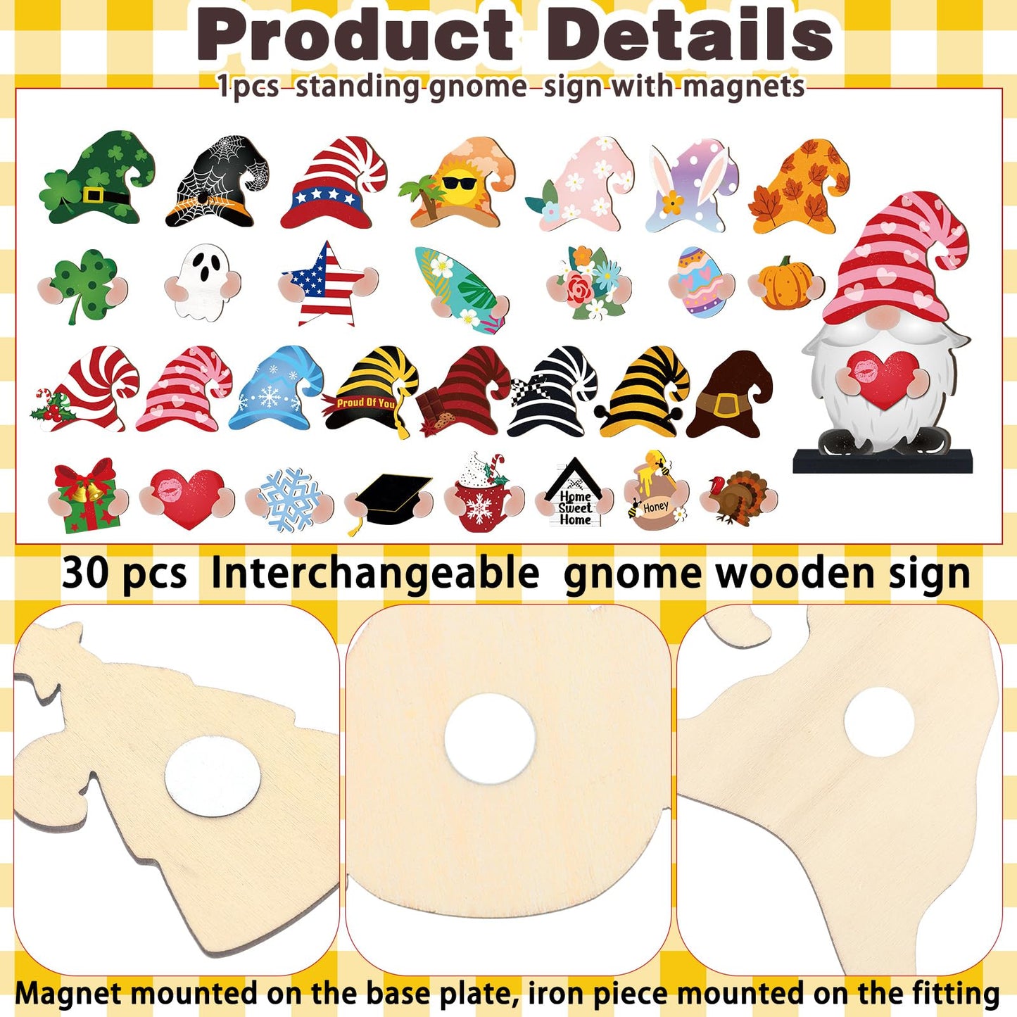 32 Pcs Christmas Interchangeable Wooden Gnome Decor DIY Holiday Christmas Seasonal Tiered Tray Decoration Gnomes with Magnet Pieces Welcome Sign for Xmas Holiday Decorations (Fresh)