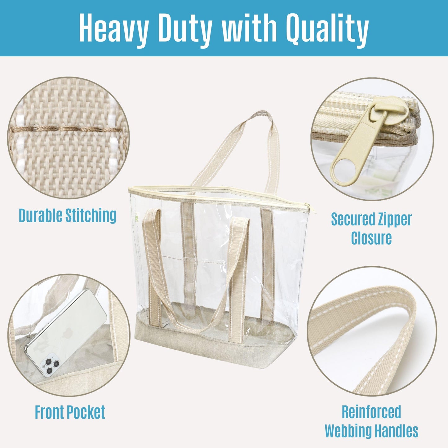 VENO 2 Packs Clear Bag Transparent Vinyl PVC Tote, Outdoor, Beach, Pool (Set of 2, Beige)