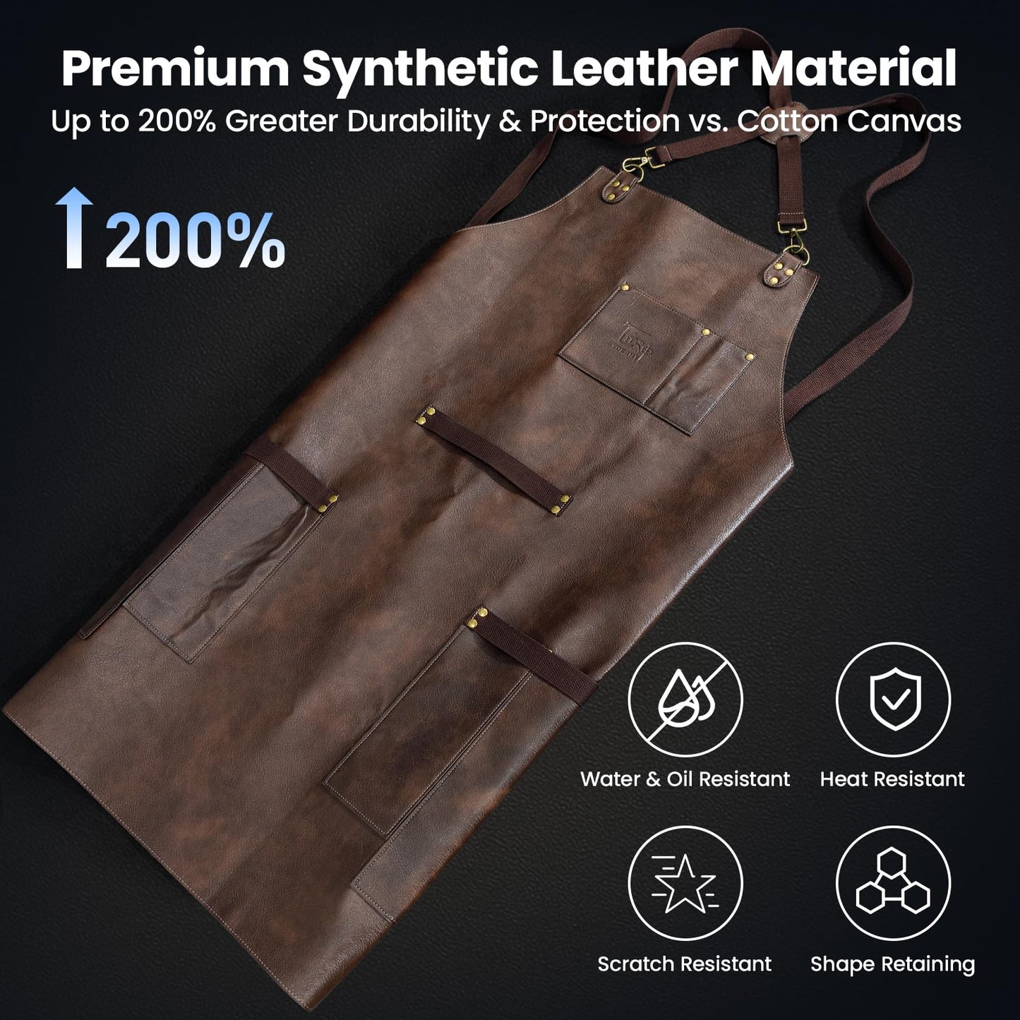 Leather Chef Cooking Apron for Men, Cross Back Apron for All-Day Comfort, Waterproof Apron with Multiple Pockets, Great for Kitchen, Baking, BBQ, Butcher Work or Crafts, Ideal Gift