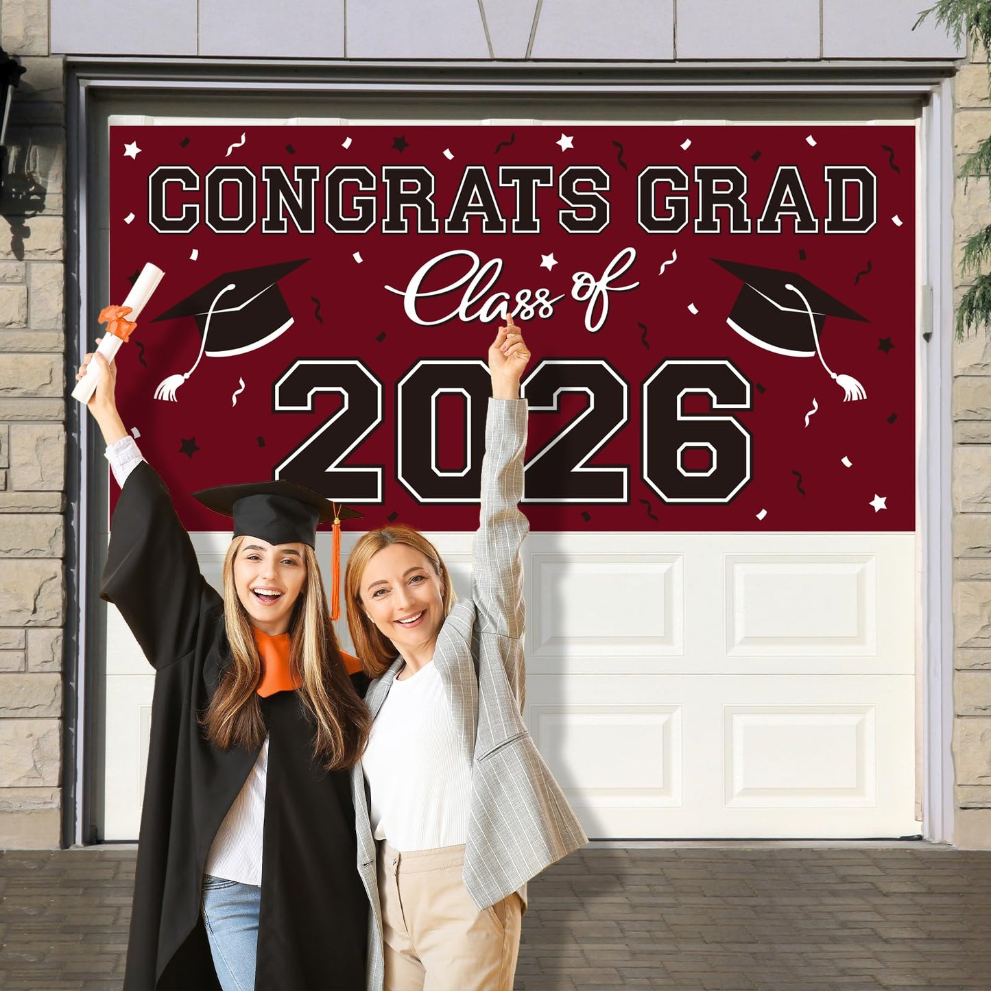 2026 Graduation Party Plastic Backdrop - 65" x 32.7" Congrats Grad Banner in Maroon, Large Class of 2026 Decorations, Photography & Grad Party Supplies