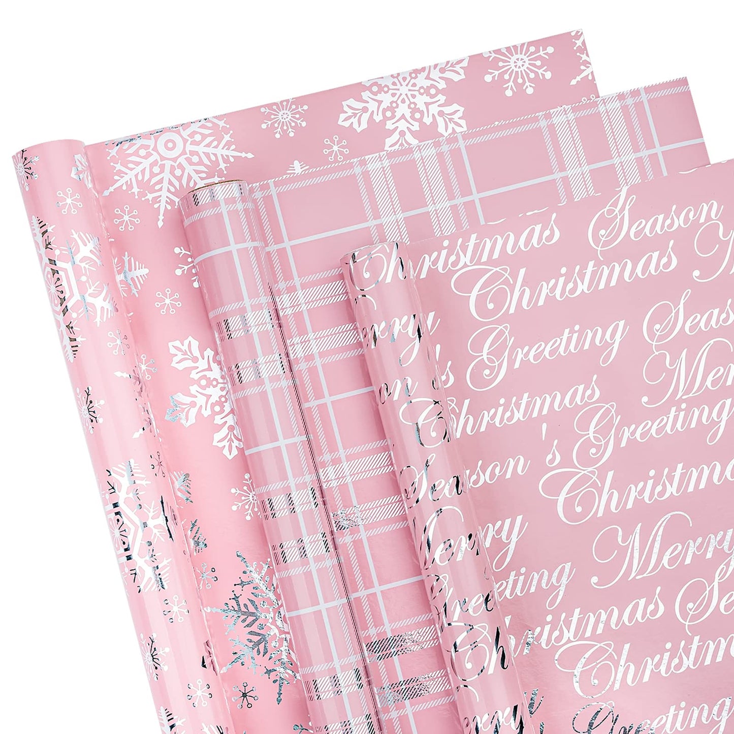 Christmas Wrapping Paper Roll - Mini Roll - 3 Rolls - 17 Inch X 120 Inch Per Roll - Pink with Silver Metallic Foil Snowflake, Plaid, Merry Christmas Lettering