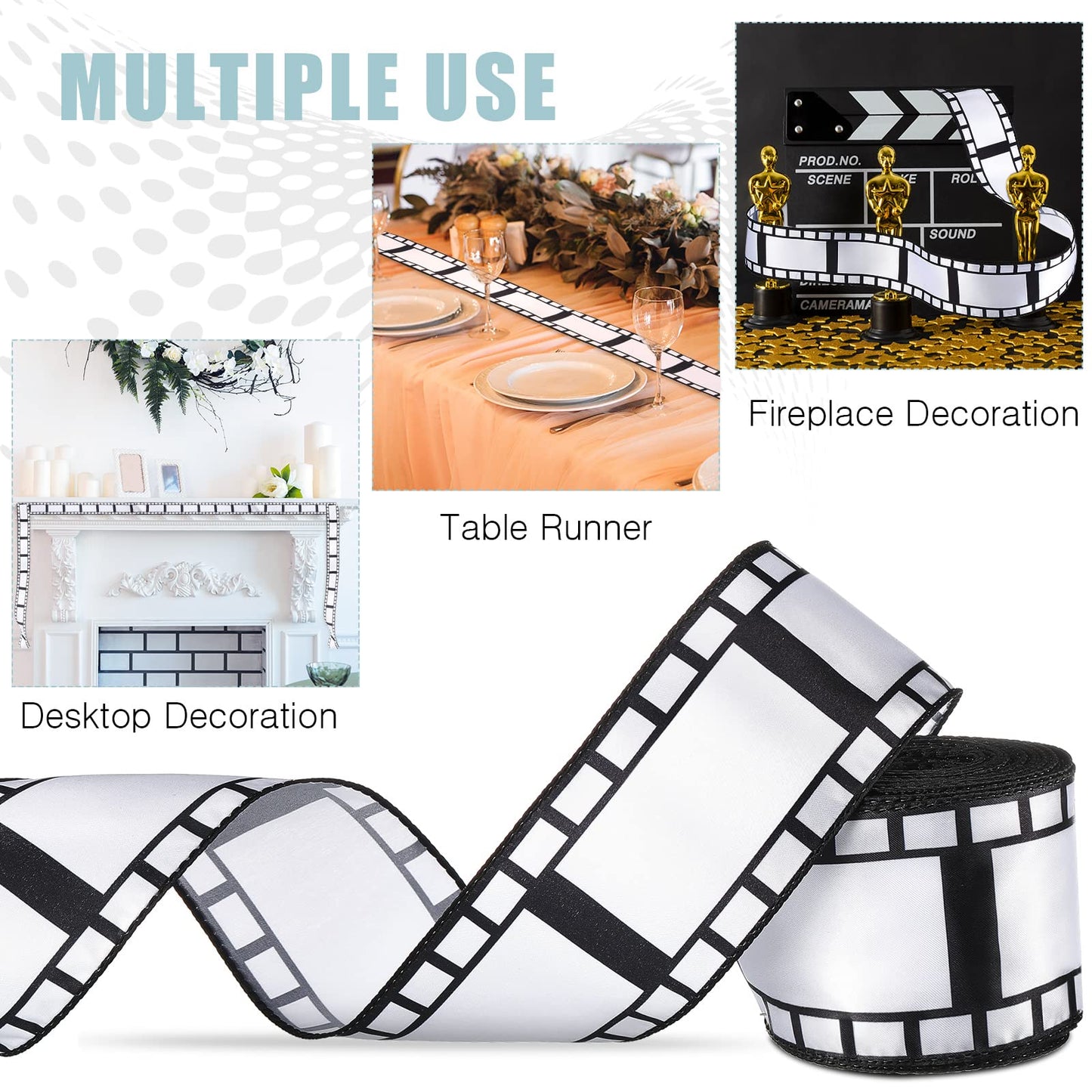 Chivao 2.5 Inch 20 Yards Filmstrip Ribbon Movie Film Reel Ribbon Filmstrip Decorating Material Party Accessory for Movie Party Table Decor Home DIY Wrapping Wreaths Crafts(1 Roll)