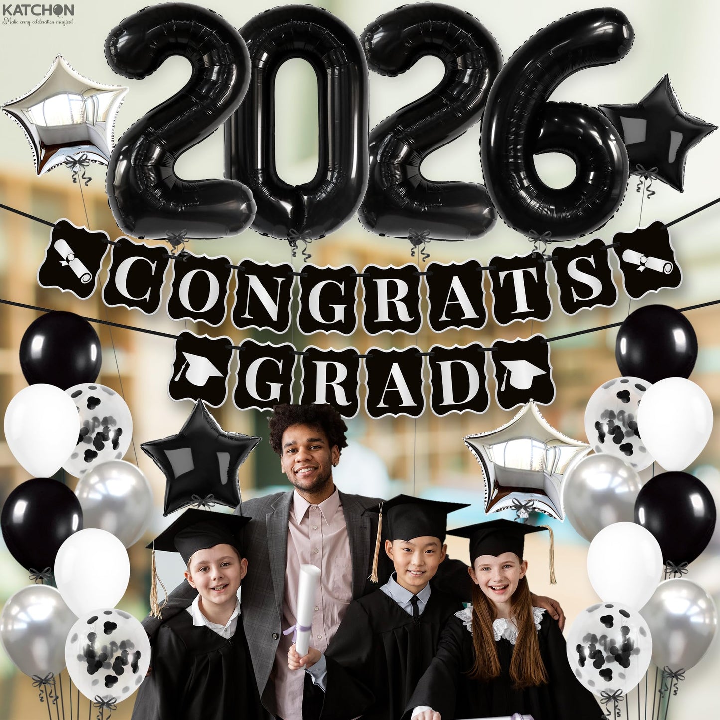 KatchOn, Black and Silver Graduation Decorations 2026 Set - Huge, Pack Of 43 | 2026 Balloons, Congrats Grad Banner | Black Graduation Decorations 2026 | Black and White 2026 Graduation Decorations