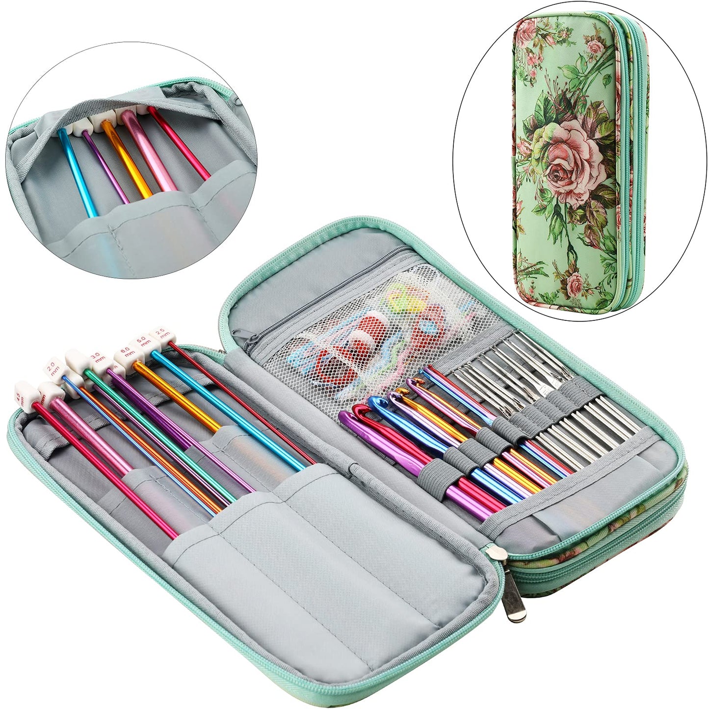 LOOEN 68pcs Crochet Hooks Set,Aluminum Tunisian Crochet Hooks Set Afghan Knitting Needles Kit with Case,11pcs 2mm/B-8mm/L Multicolor Hooks and Necessary Accessories,Gift for Mom (Green New)